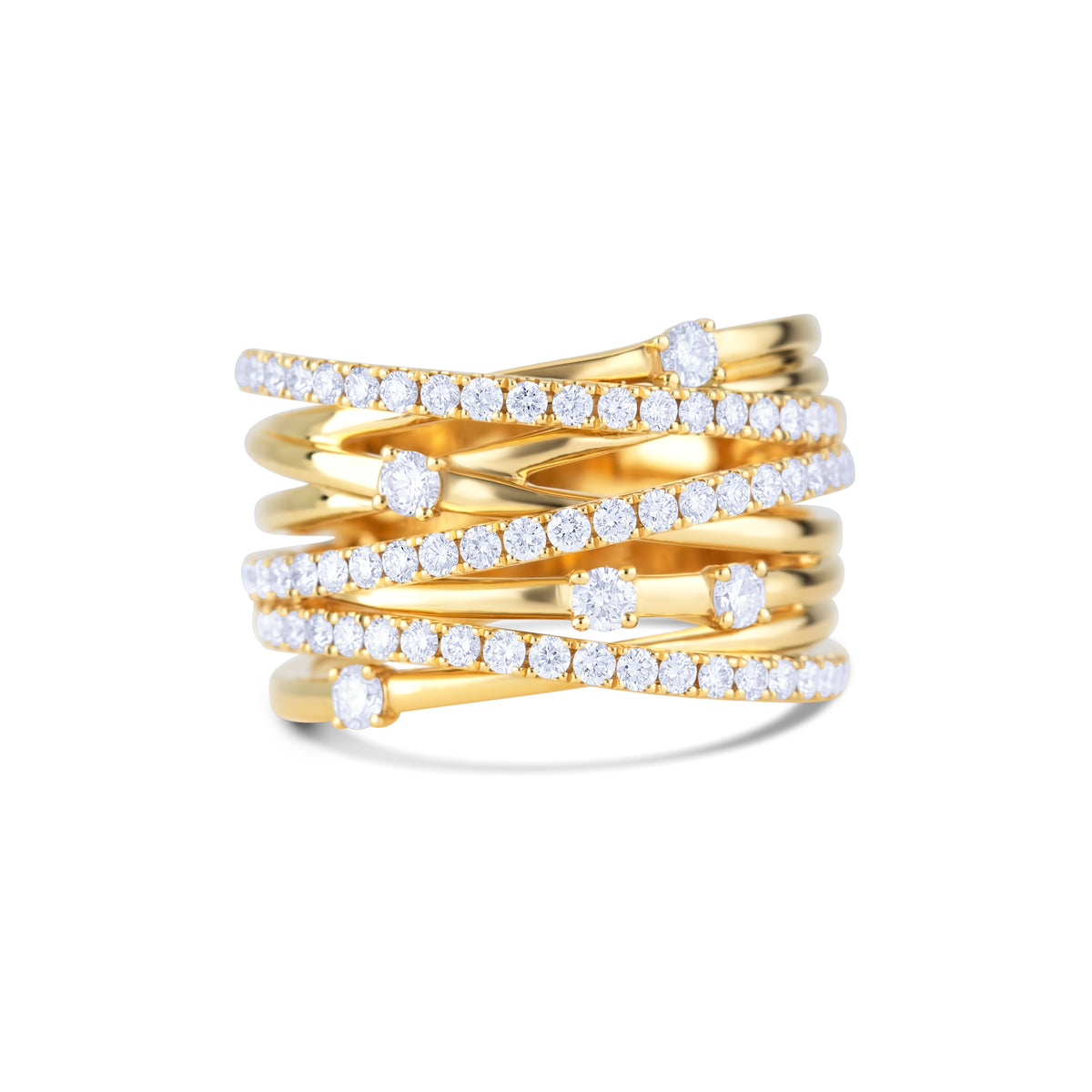 18k Yellow Gold Round Diamond Pavé Multi-Row Crossover Ring