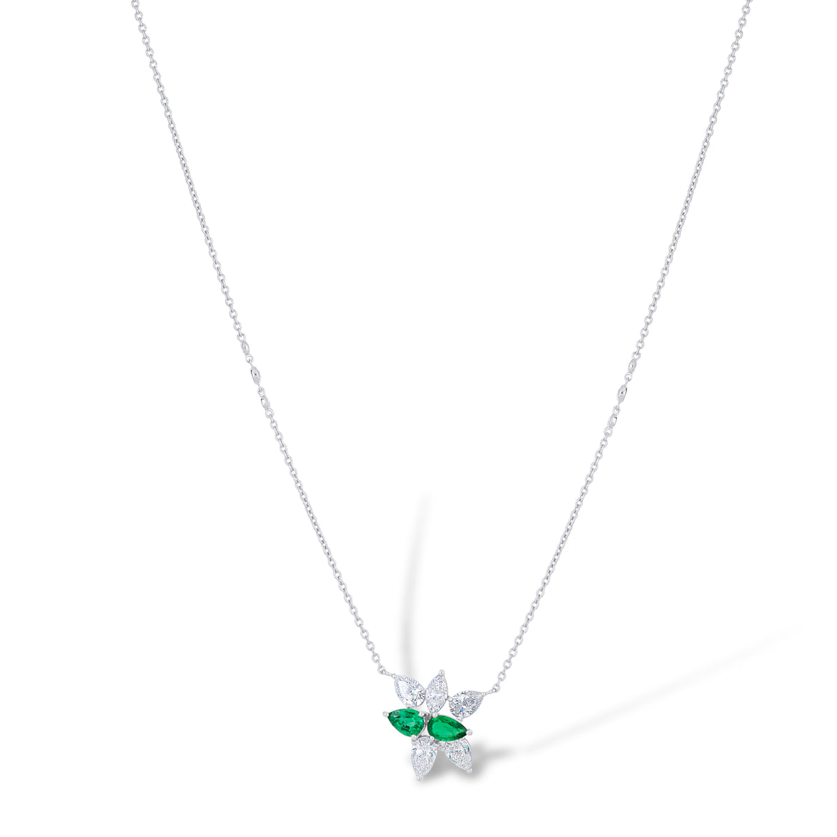 18k White Gold Pear Emerald and Multi-Shape Diamond Cluster Necklace