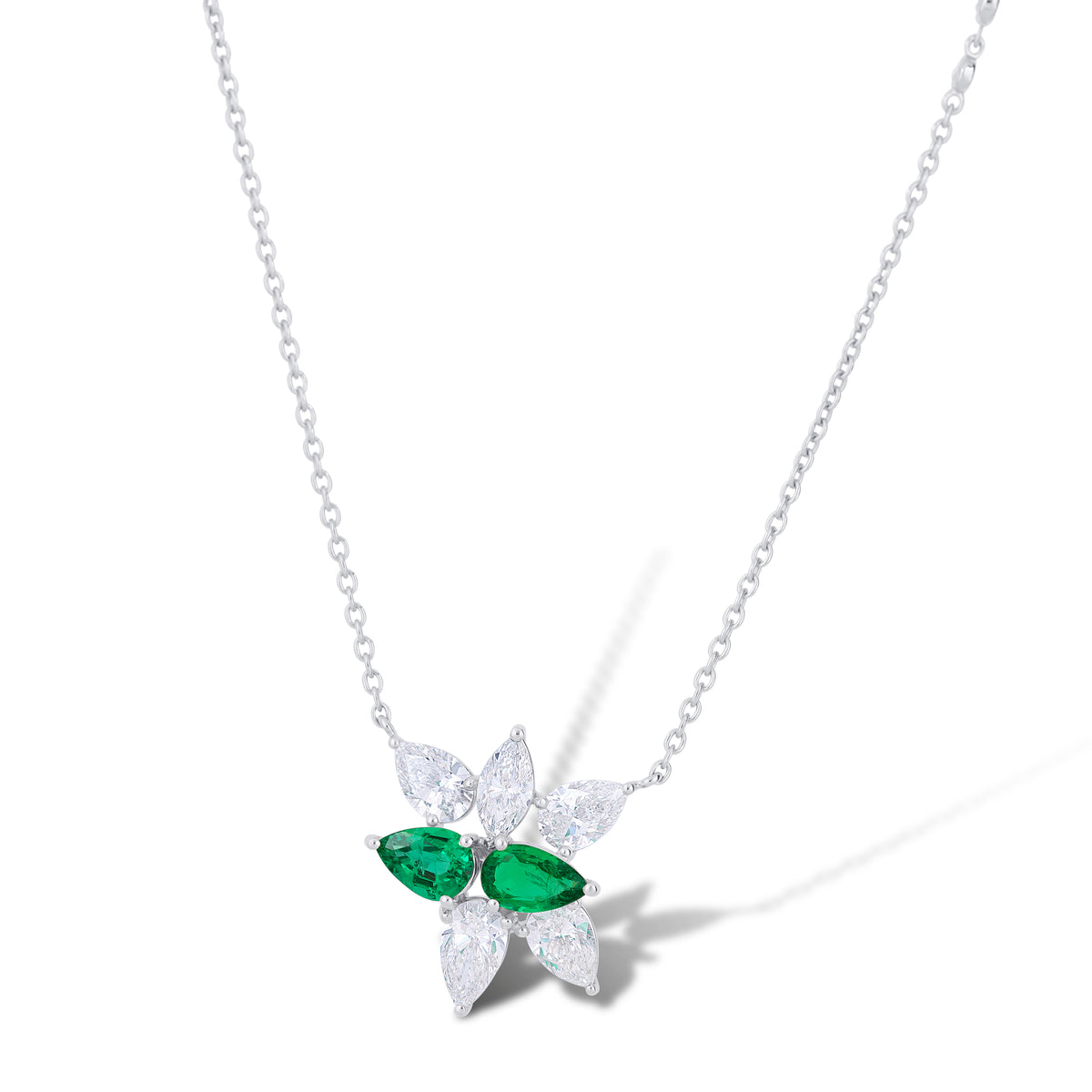 18k White Gold Pear Emerald and Multi-Shape Diamond Cluster Necklace