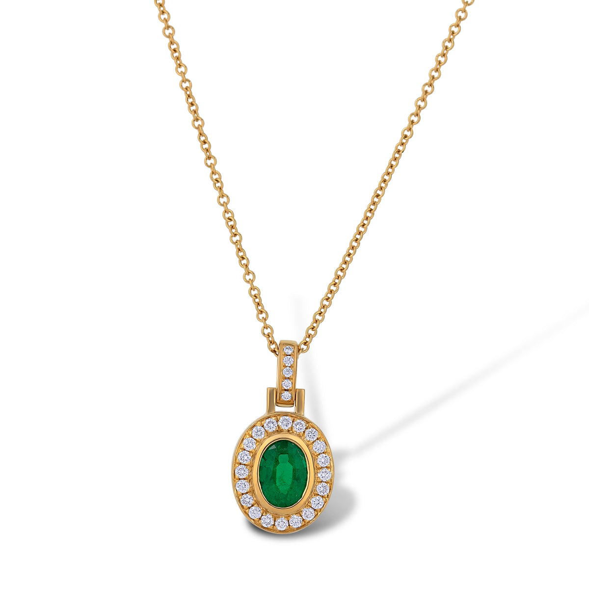 18k Yellow Gold Oval Emerald and Diamond Bezel Set Halo Pendant with Chain