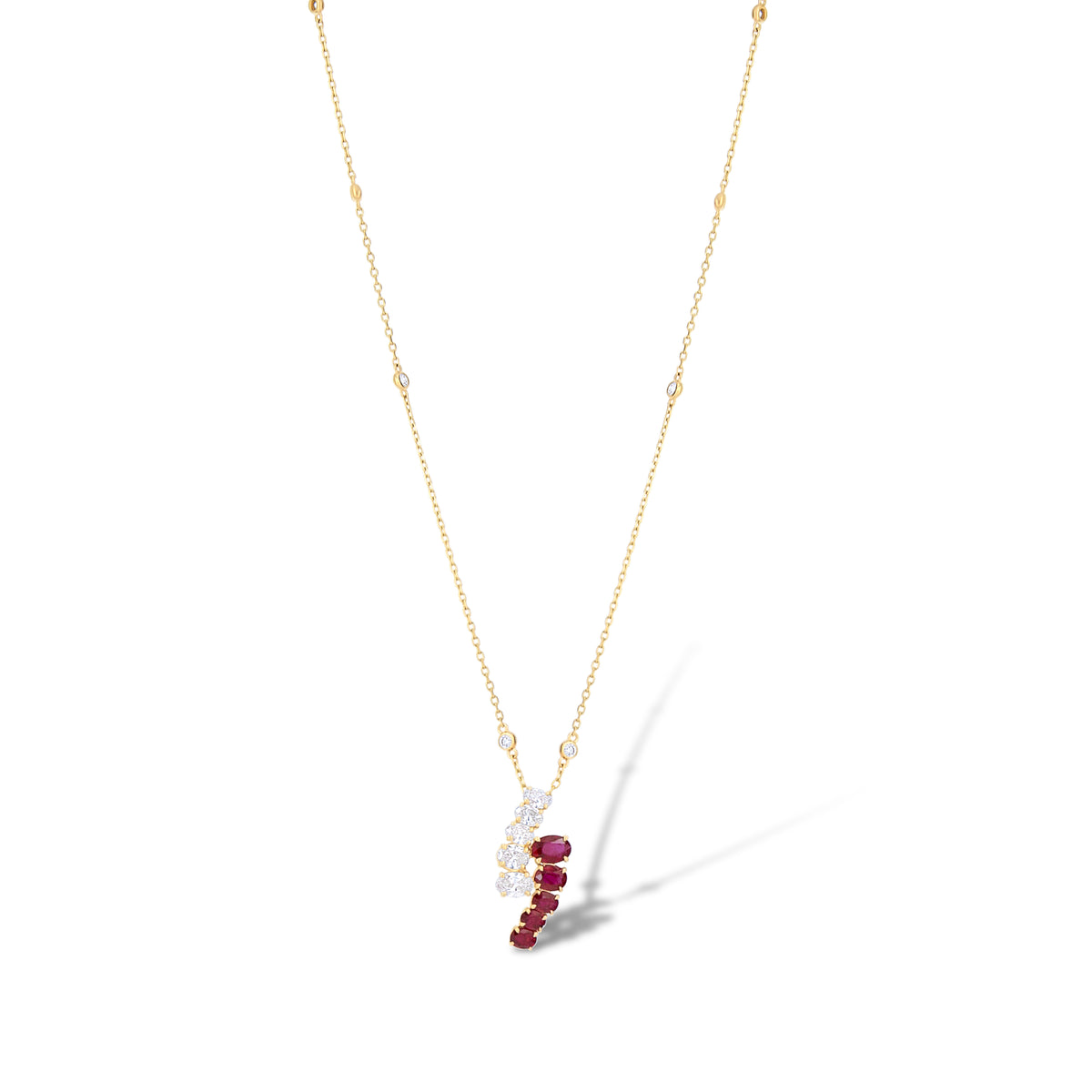 18k Yellow Gold Oval Ruby and Diamond with Diamond by the Yard Necklace