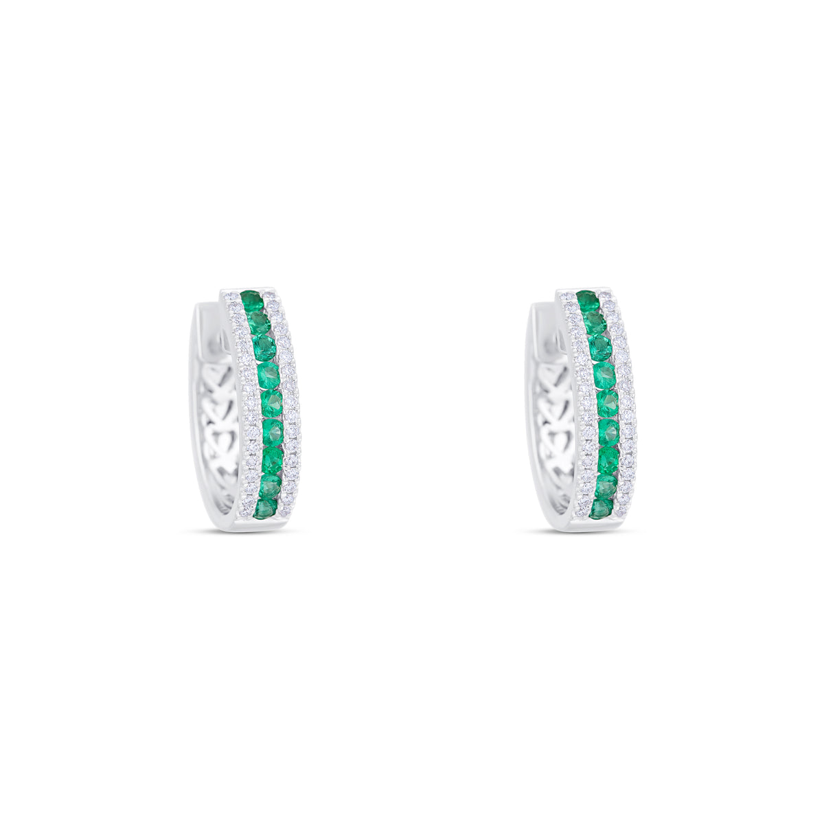 18k White Gold Emerald and Diamond Three Row Hoop Earrings