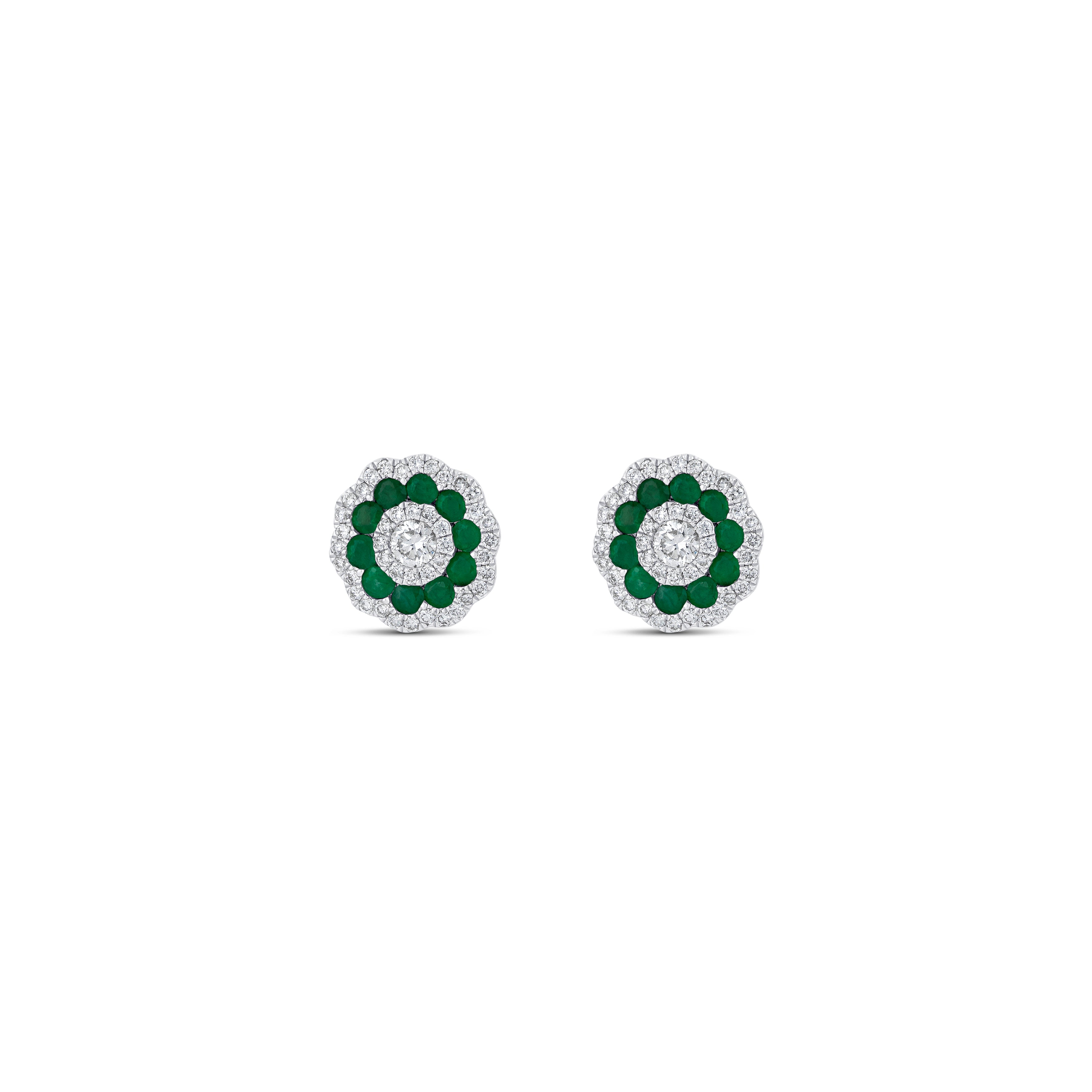 18K White Gold Emerald & Diamond Flower Stud Earrings