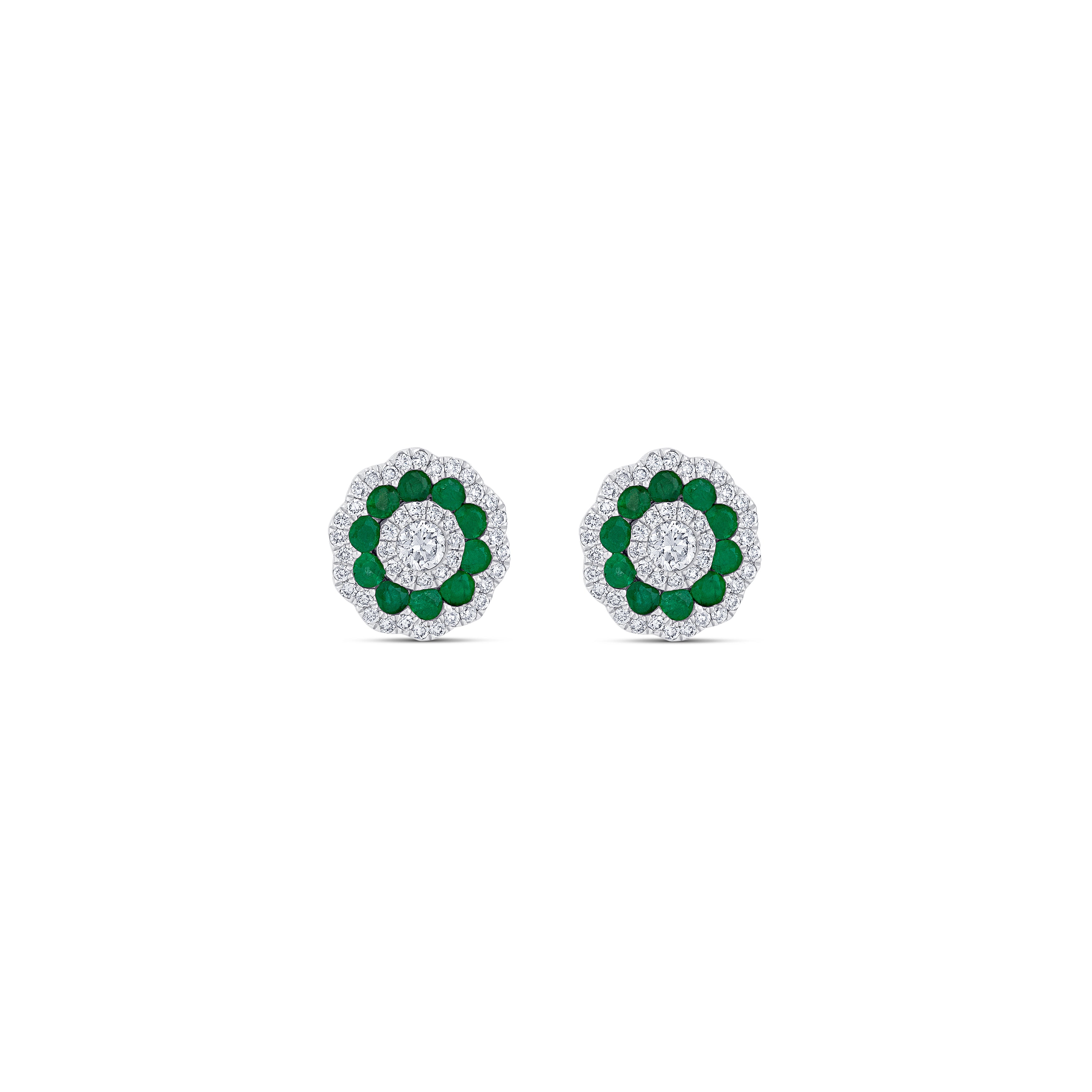 18K White Gold Emerald & Diamond Flower Stud Earrings