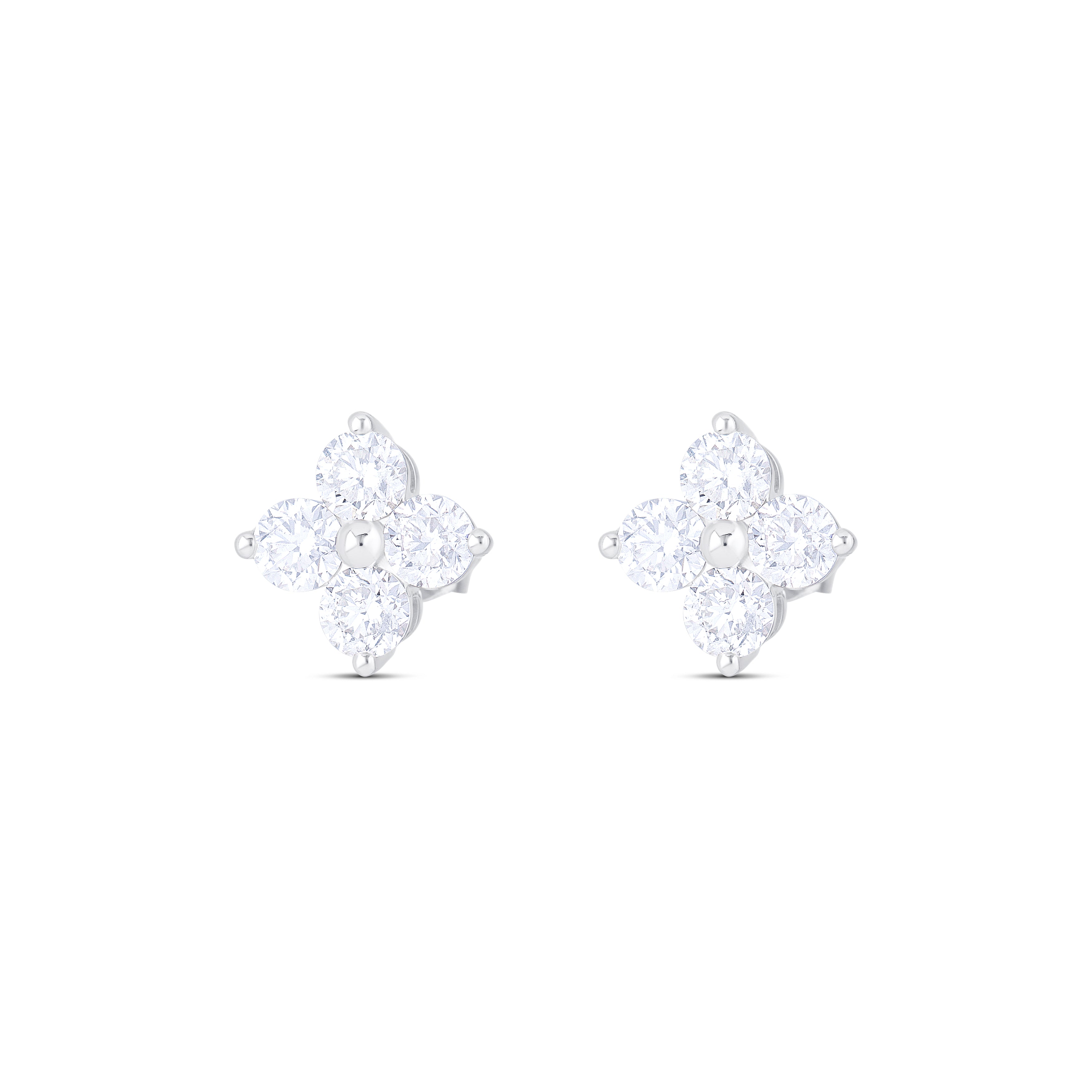 14K White Gold Round Diamond Clover Stud Earrings