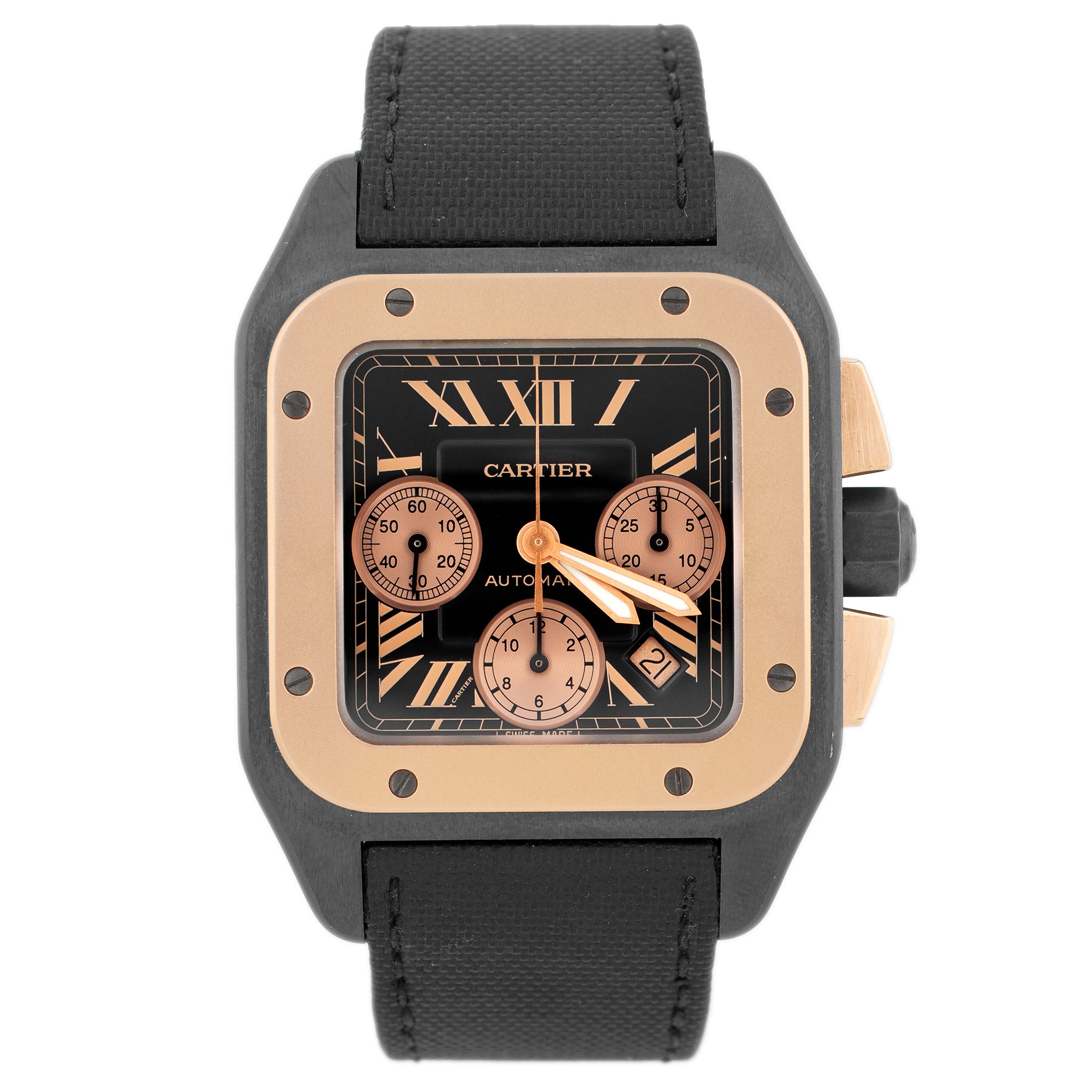 Cartier Santos 100 XL Chronograph Stainless Steel Rose Gold Black Dial 55x42mm W2020004