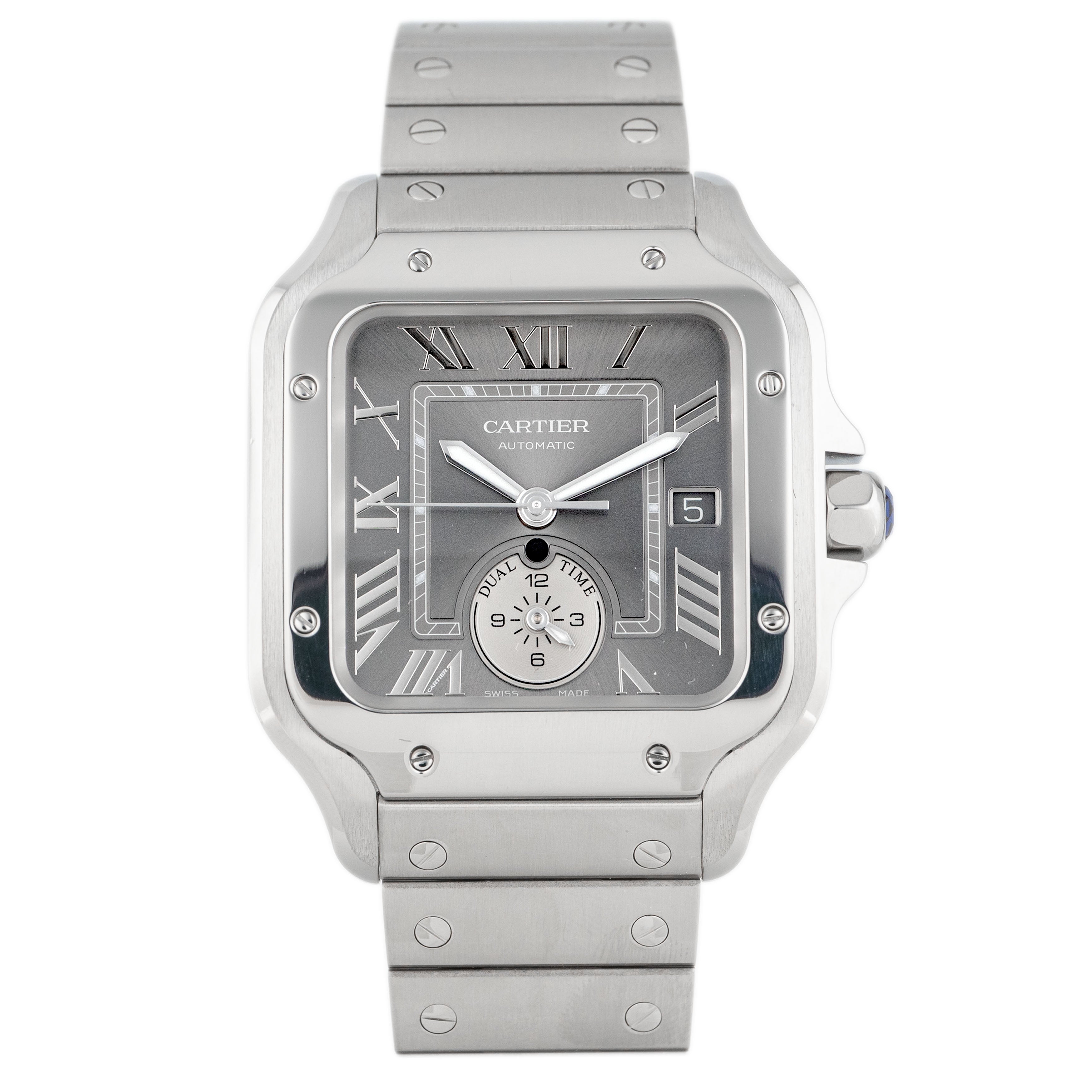 Cartier Santos Dual Time Stainless Steel Gray Dial 47.5mm x 37.7mm WSSA0076 Full Set