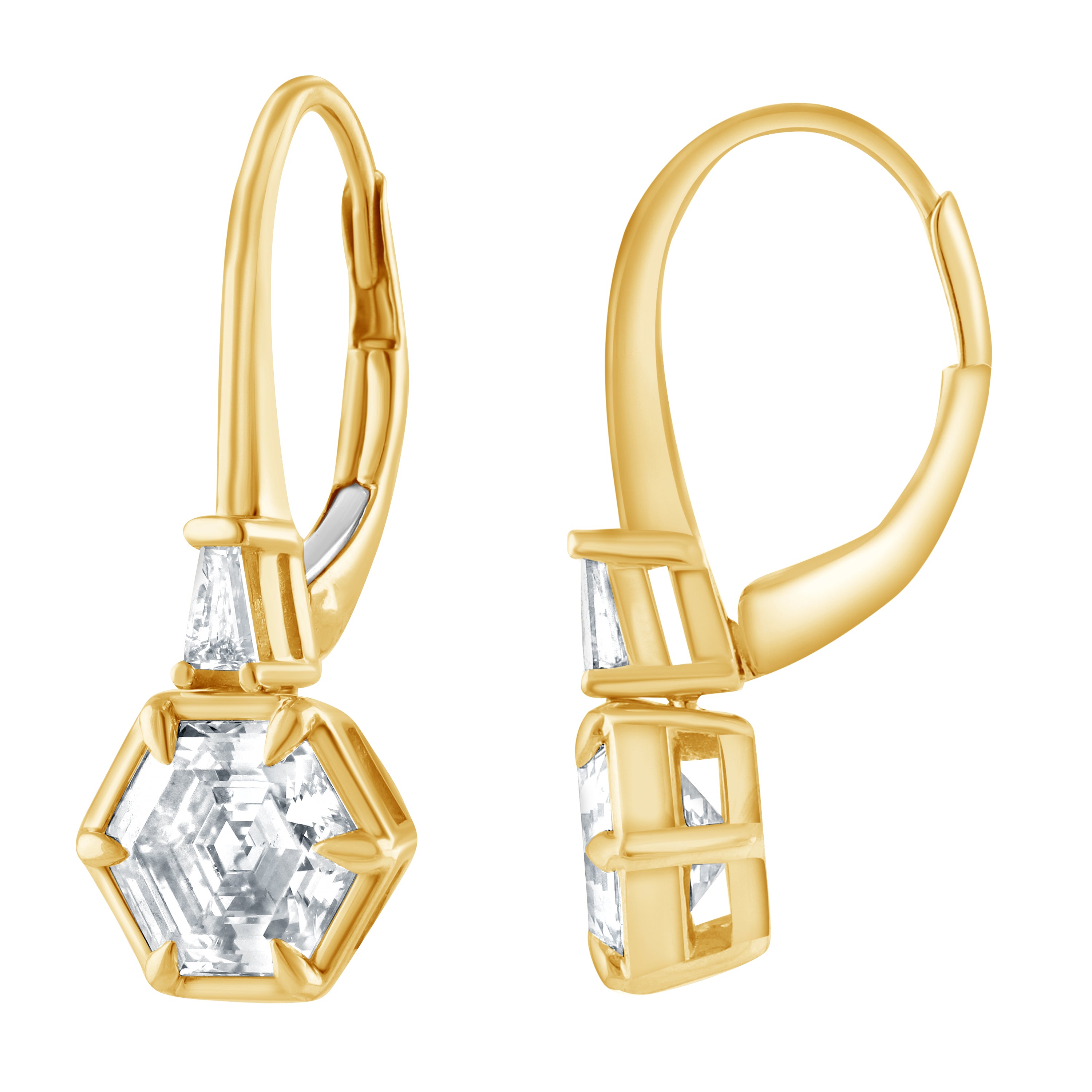 14K Yellow Gold Lab-Grown 2.00ct Hexagon Diamond Drop Earrings with Baguette Daimonds