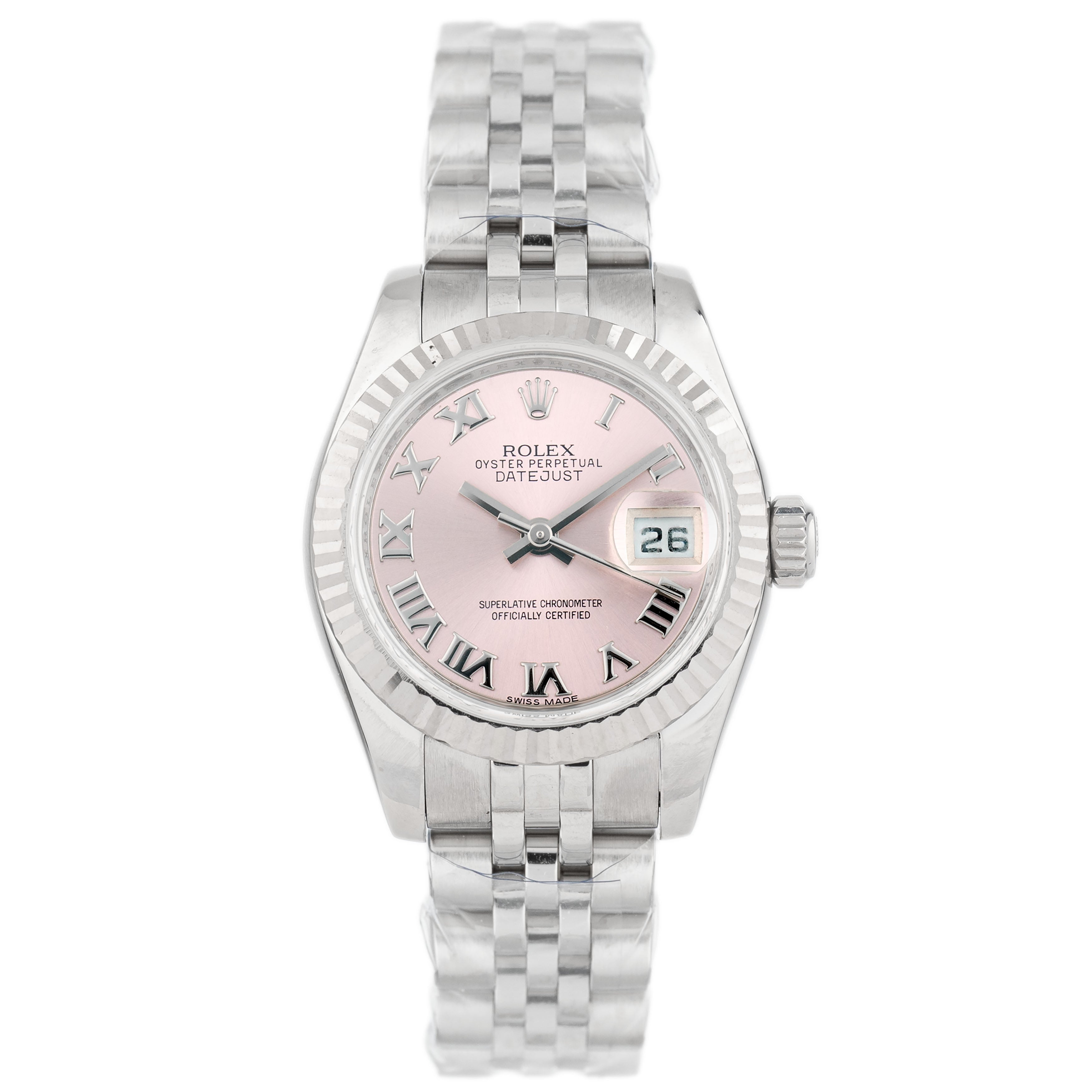 Rolex Lady-Datejust Stainless Steel Pink Roman Dial 26mm Fluted Jubilee 179174