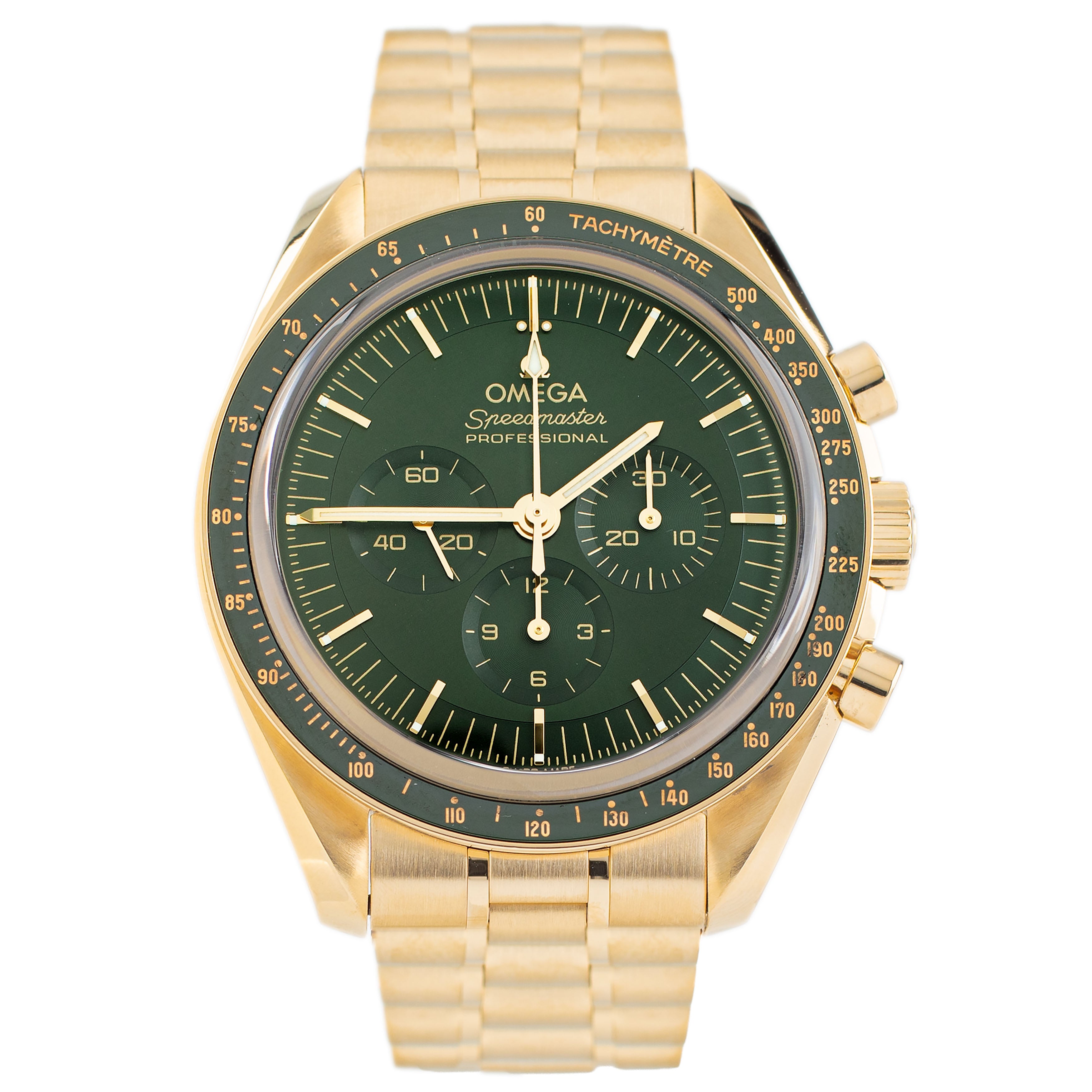 Omega Speedmaster Moonwatch Yellow Gold Green Dial 42mm 310.60.42.50.10.001 Full Set