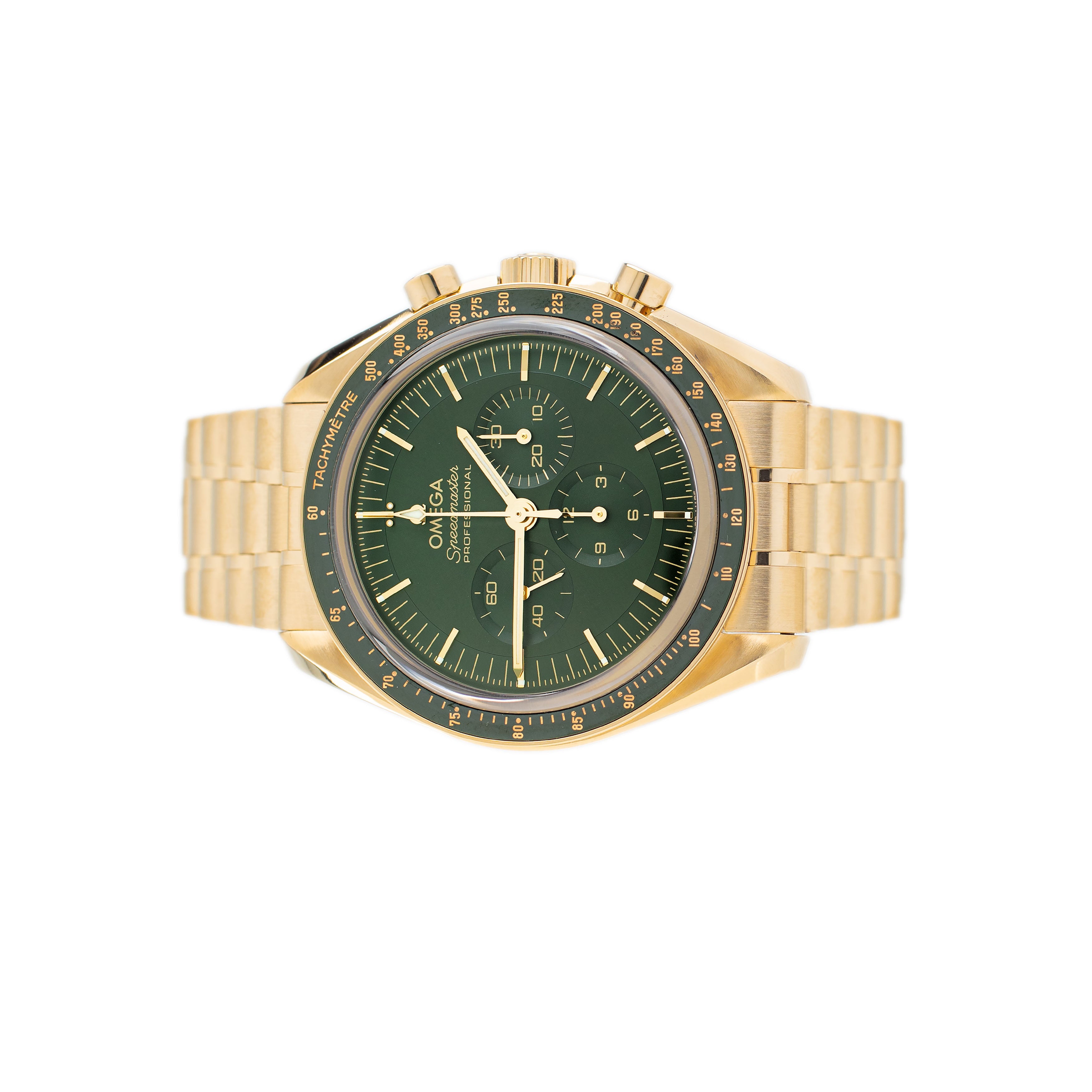 Omega Speedmaster Moonwatch Yellow Gold Green Dial 42mm 310.60.42.50.10.001 Full Set