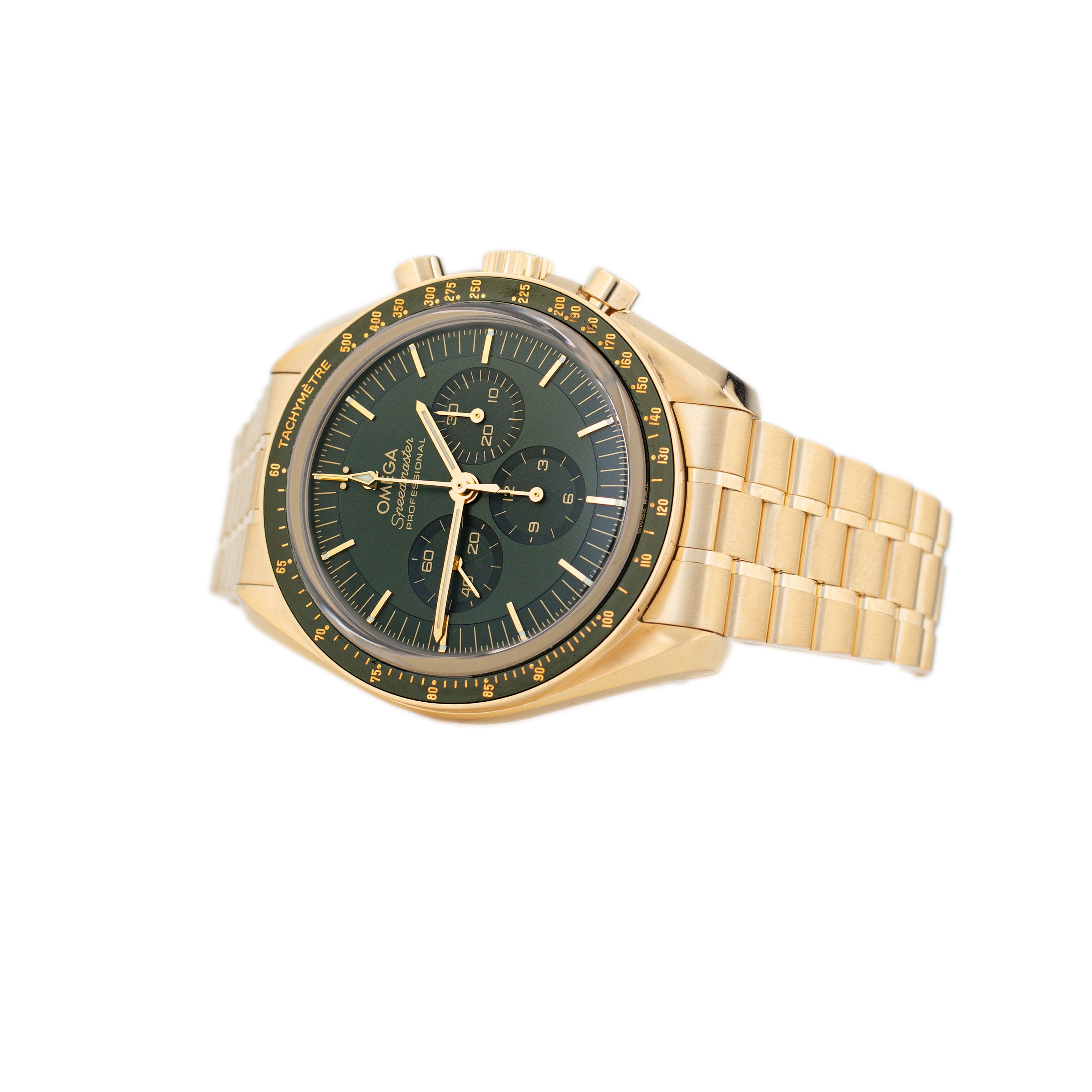 Omega Speedmaster Moonwatch Yellow Gold Green Dial 42mm 310.60.42.50.10.001 Full Set