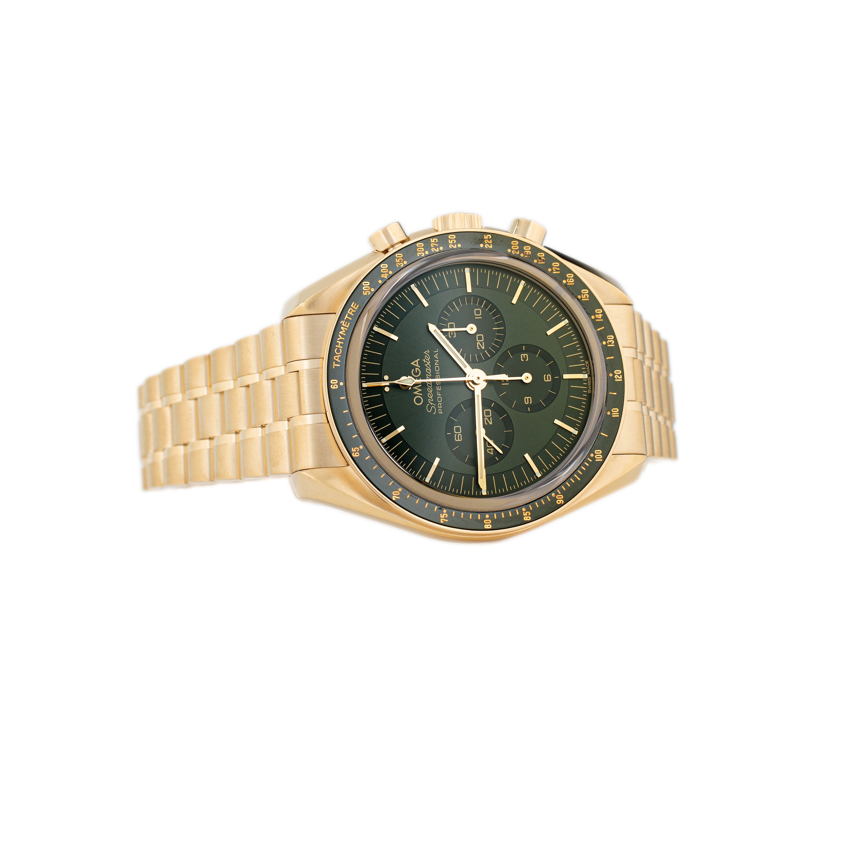 Omega Speedmaster Moonwatch Yellow Gold Green Dial 42mm 310.60.42.50.10.001 Full Set