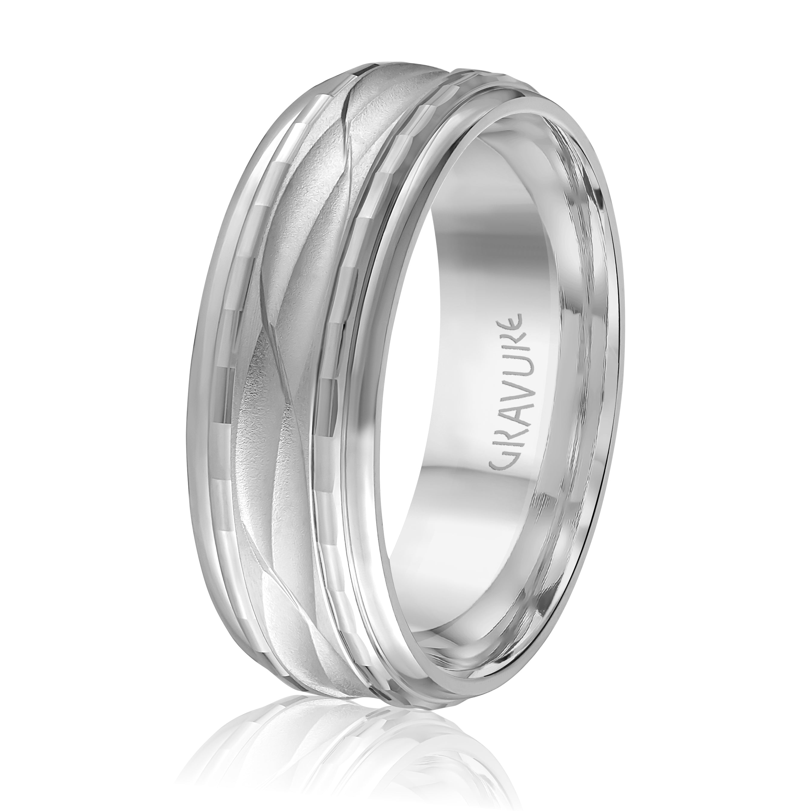 14K White Gold Engraved Wedding Band 8.0mm