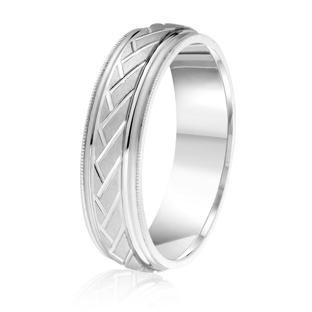 14K White Gold Engraved Wedding Band 6.0mm
