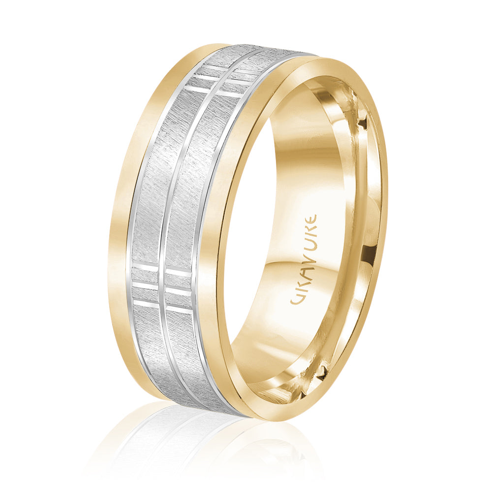 14K White Gold 14K Yellow Gold Gold Plated Scratch Finish Wedding Band 8.0mm