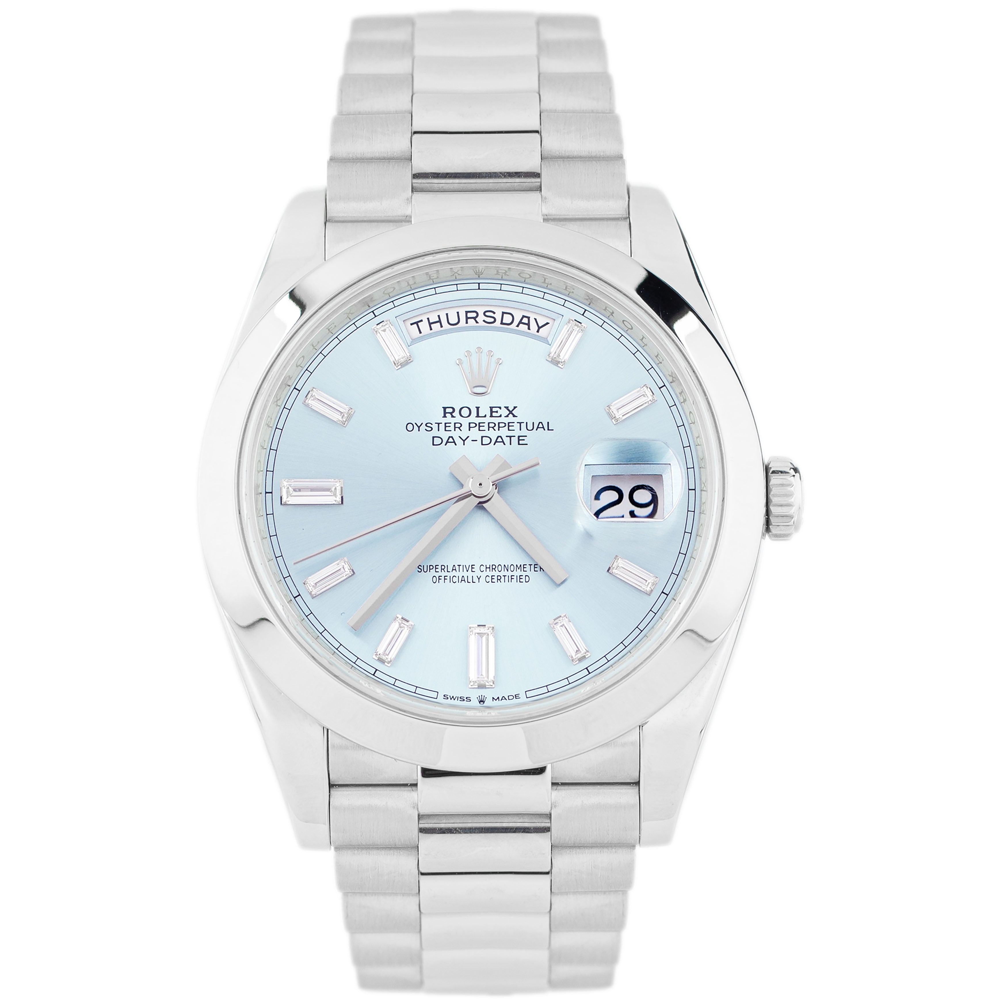 Rolex Day-Date 40 President Platinum Ice Blue Dial Smooth 40mm 228206 Full Set