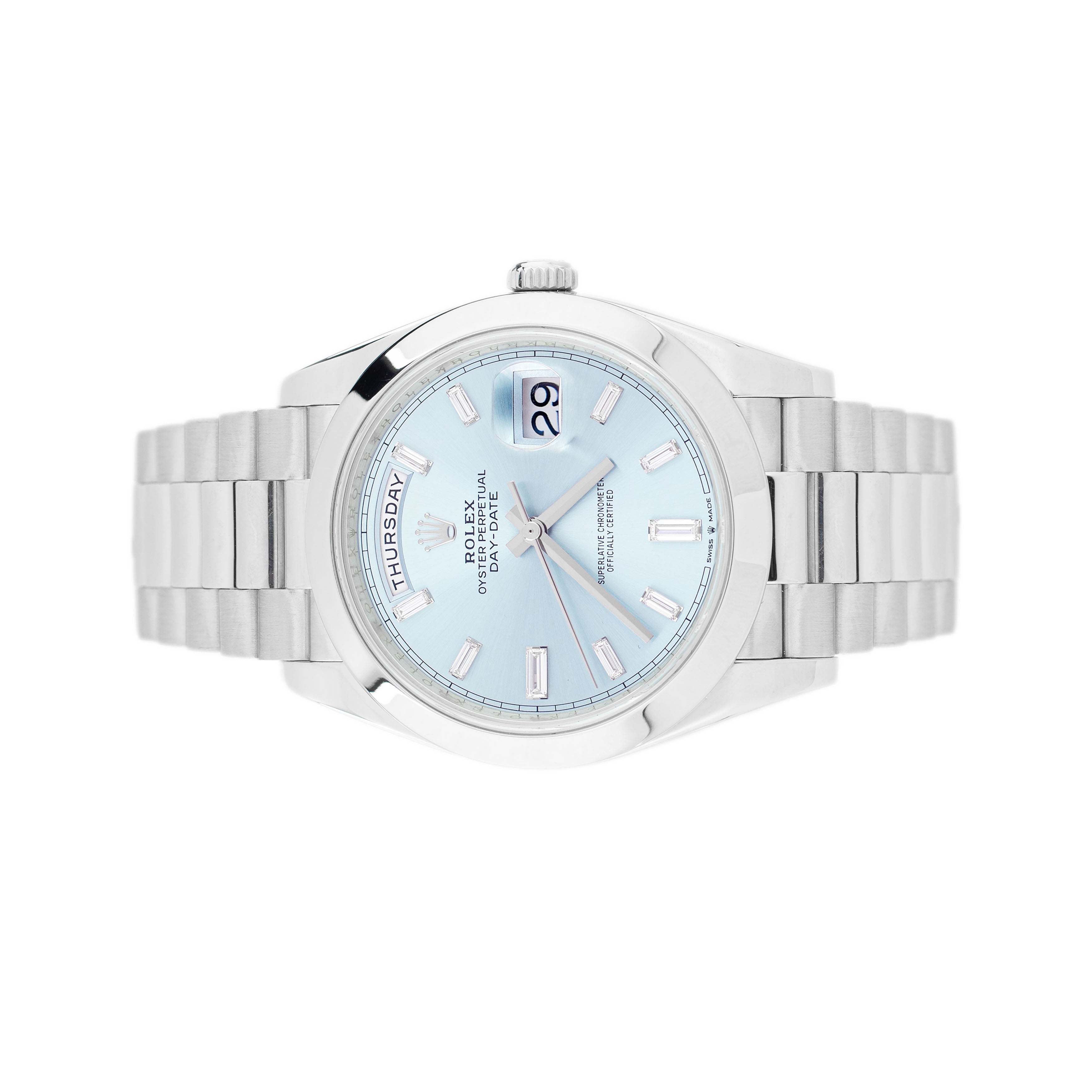 Rolex Day-Date 40 President Platinum Ice Blue Dial Smooth 40mm 228206 Full Set
