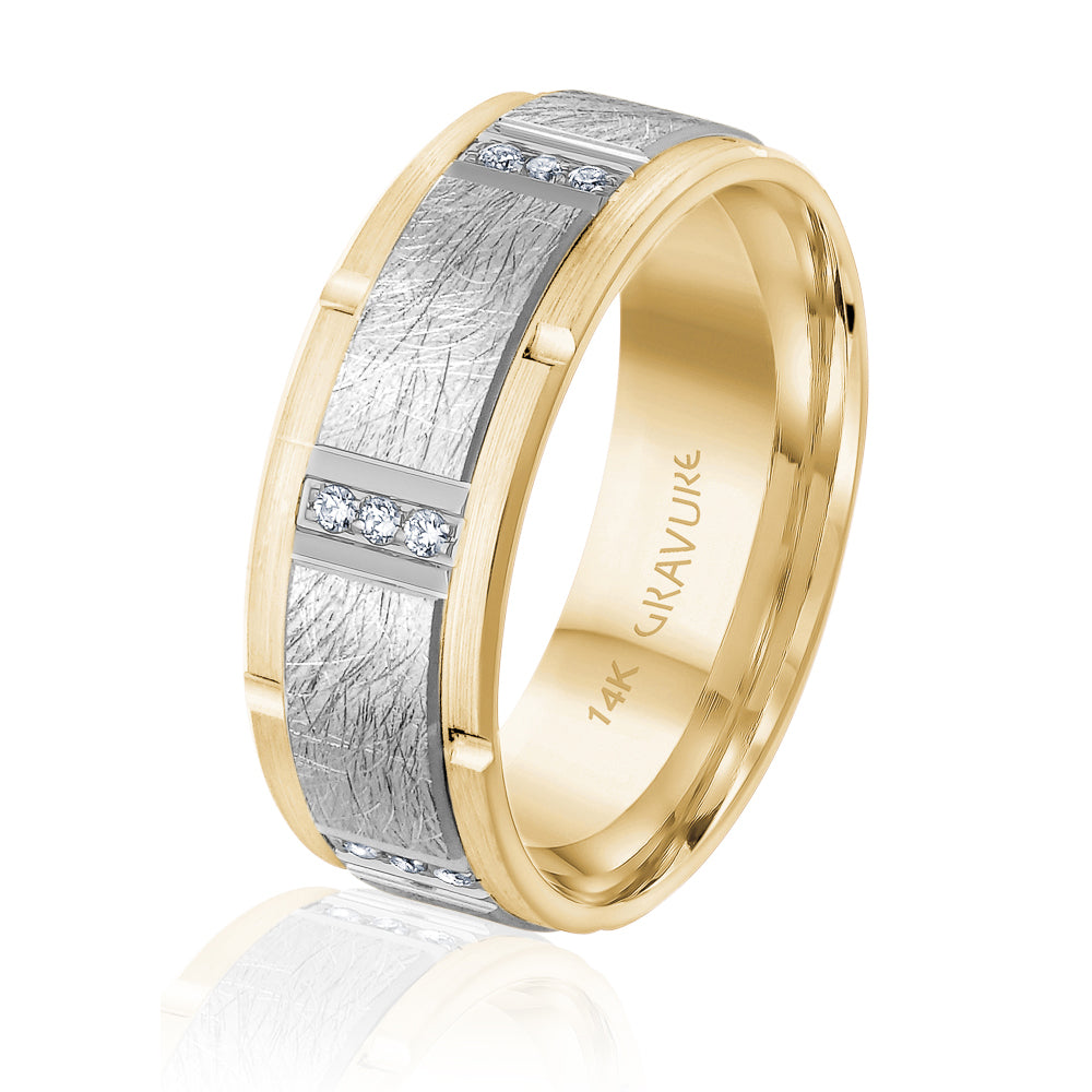 14K White Gold 14K Yellow Gold Gold Plated Scratch Finish Diamond Wedding Band 8.0mm 0.18 ctw