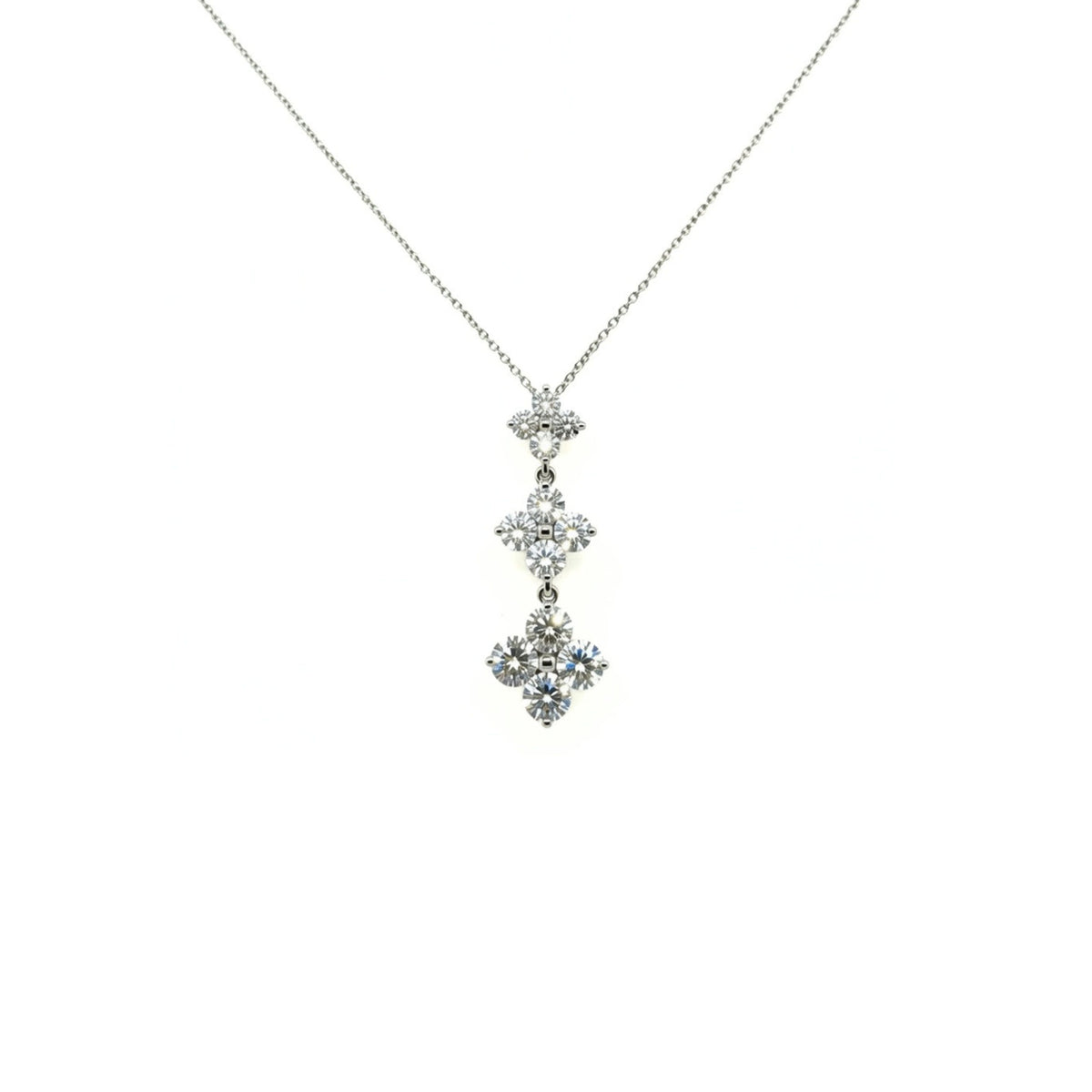 14k White Gold Round Brilliant Diamond Three-Tier Graduated Cluster Pendant with Chain