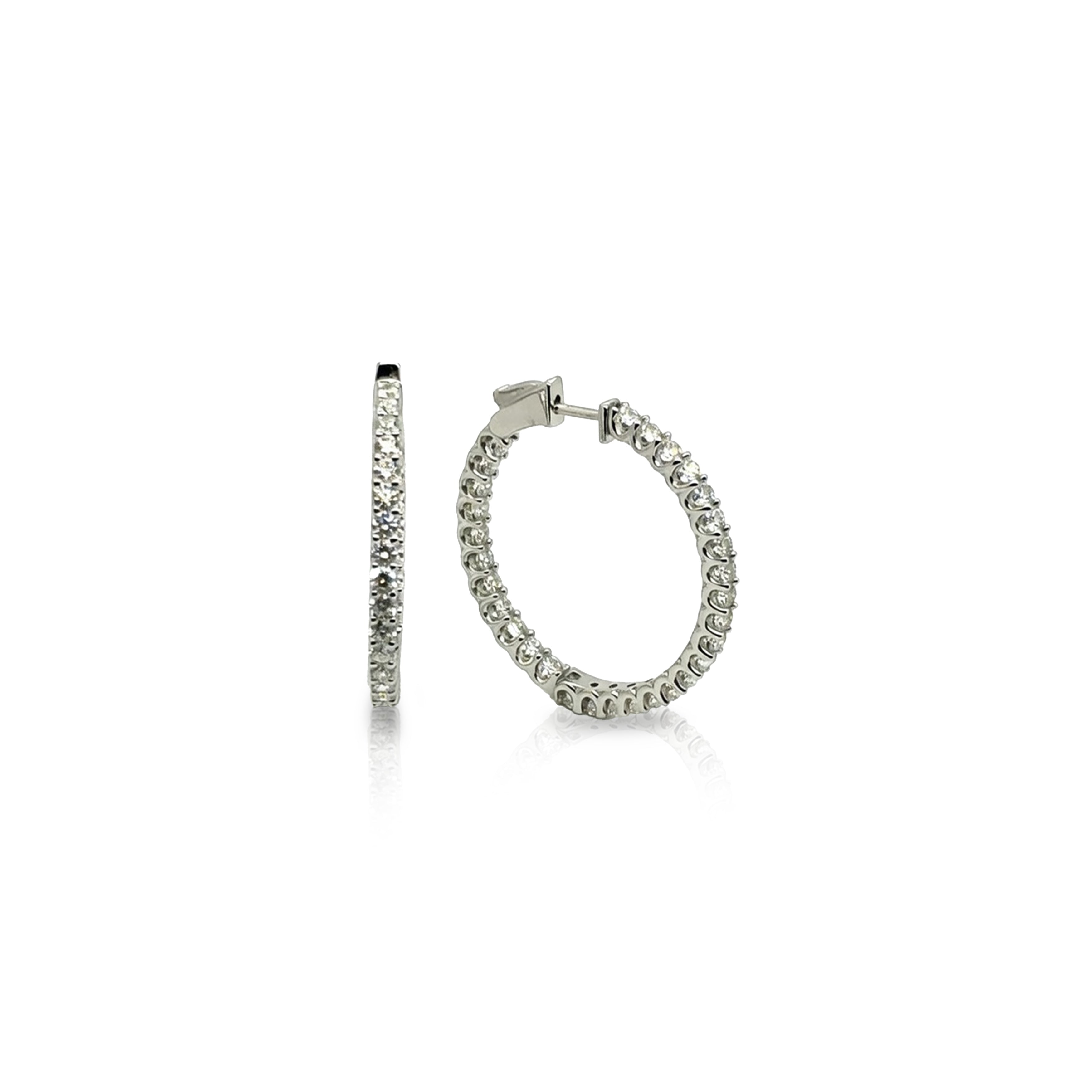 14K White Gold Inside-Out Shared Prong Round Brilliant Diamond Hoop Earrings