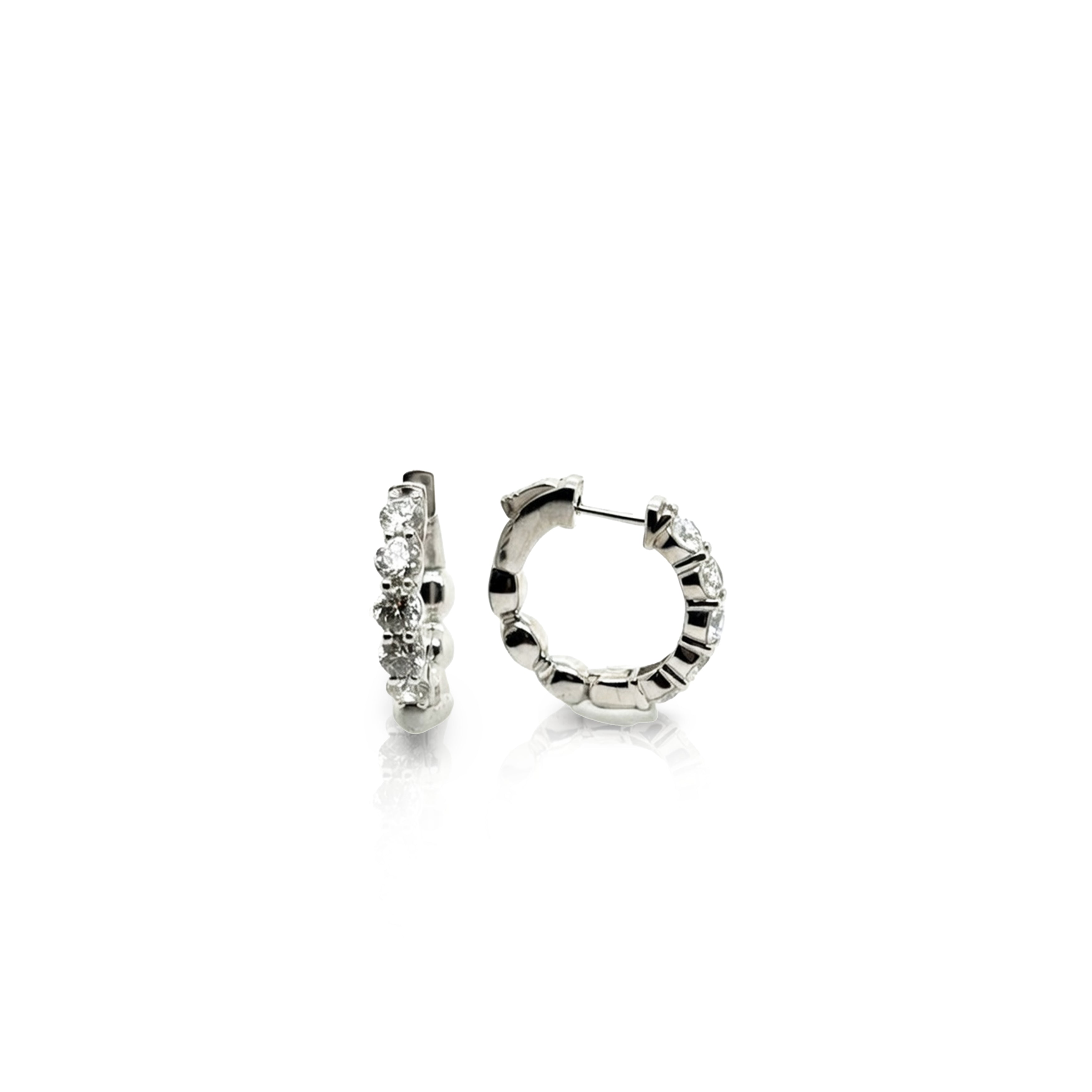 14K White Gold Round Brilliant Diamond Shared Prong Huggie Earrings