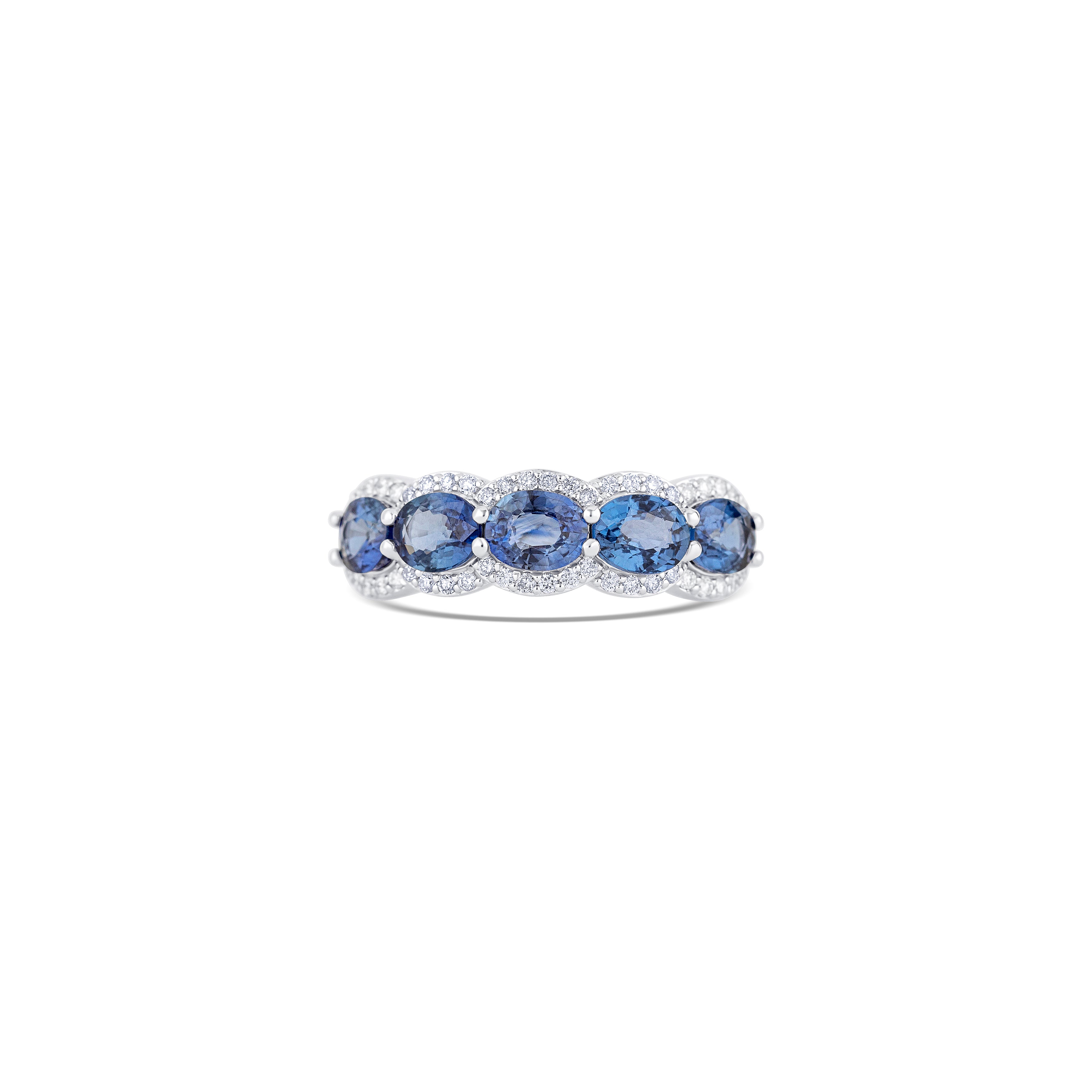 14K White Gold Sapphire & Round Diamond Band