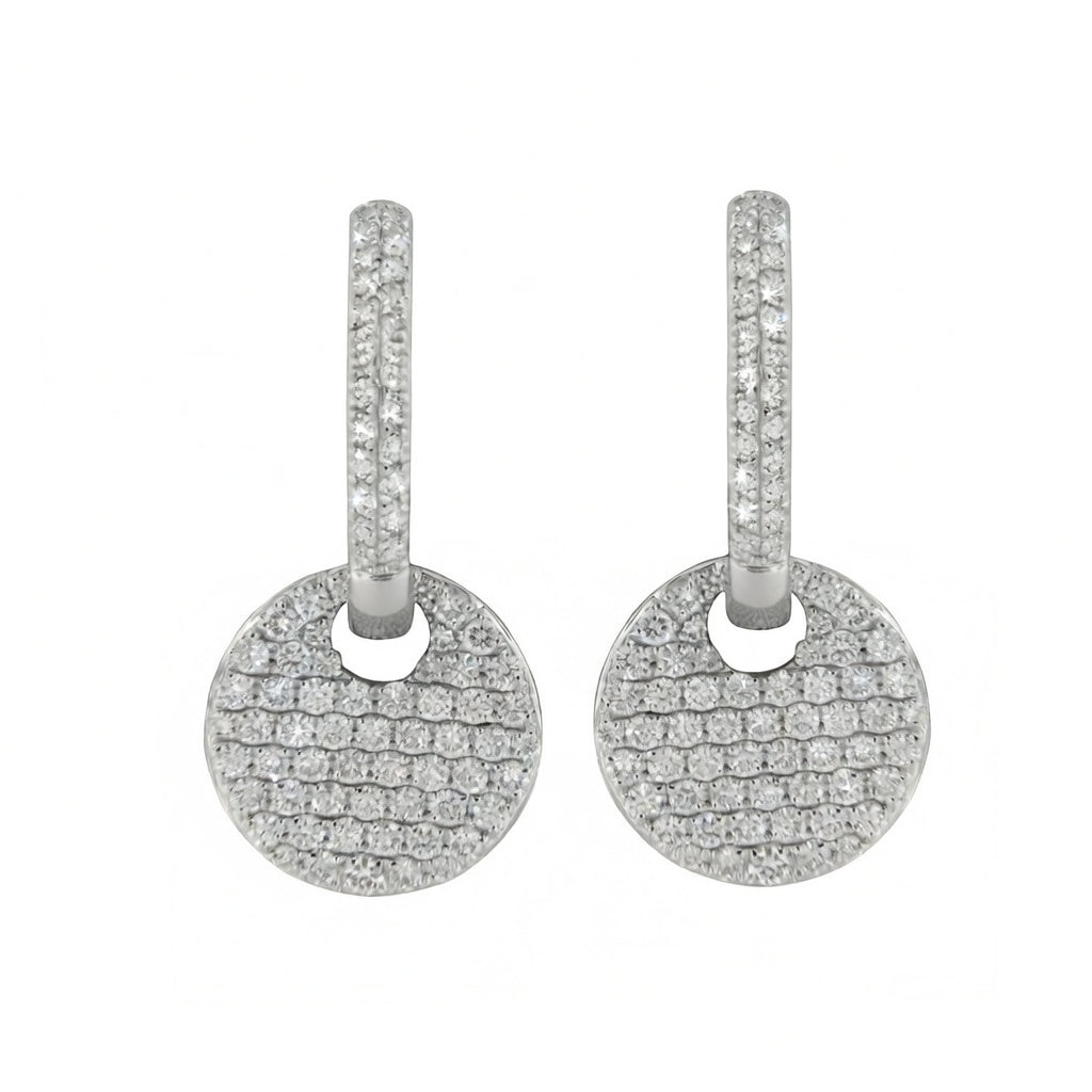 14K White Gold Pavé Round Brilliant Diamond Disc Drop Earrings