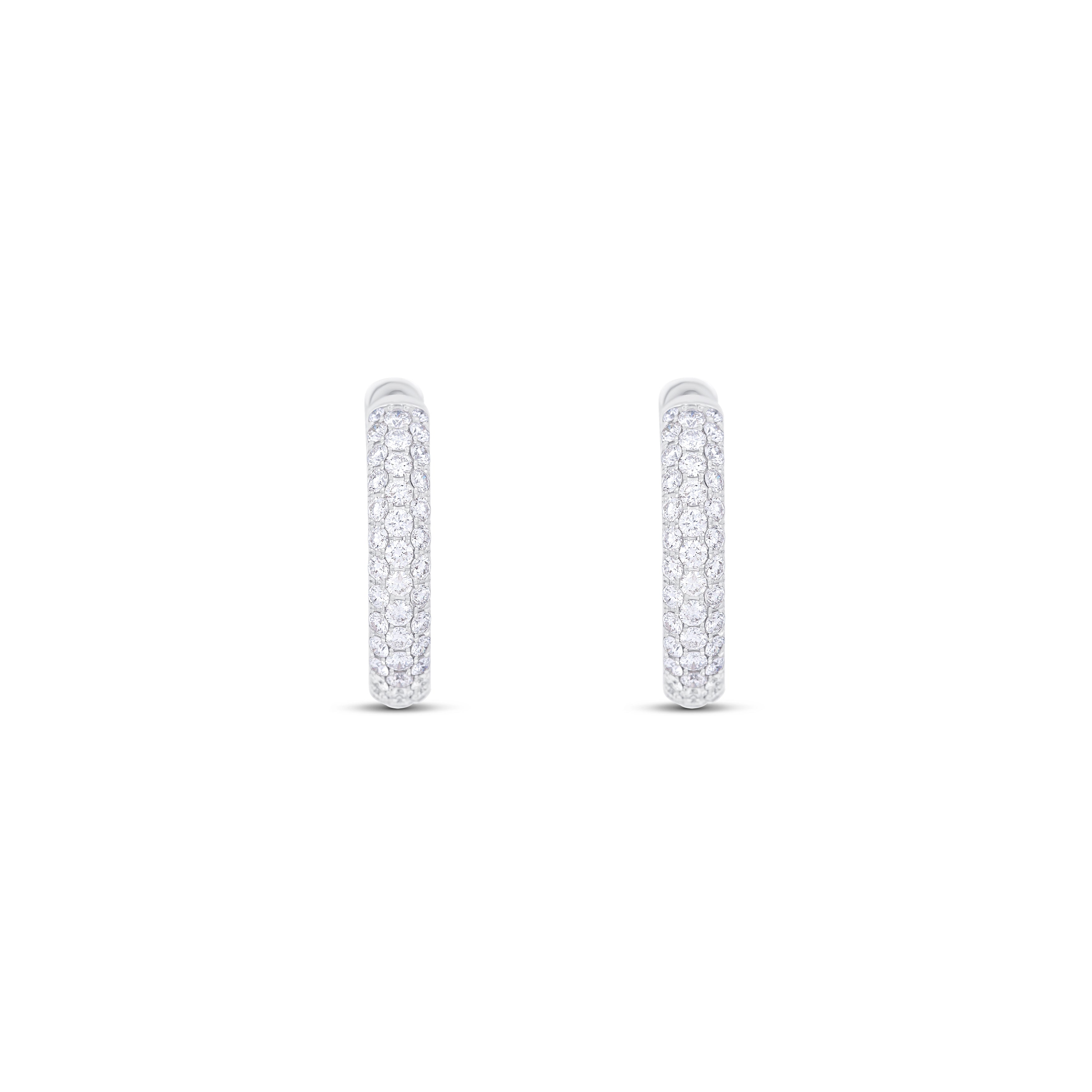 18K White Gold 3 Row Inside-Out Round Diamond Small Hoop Earrings
