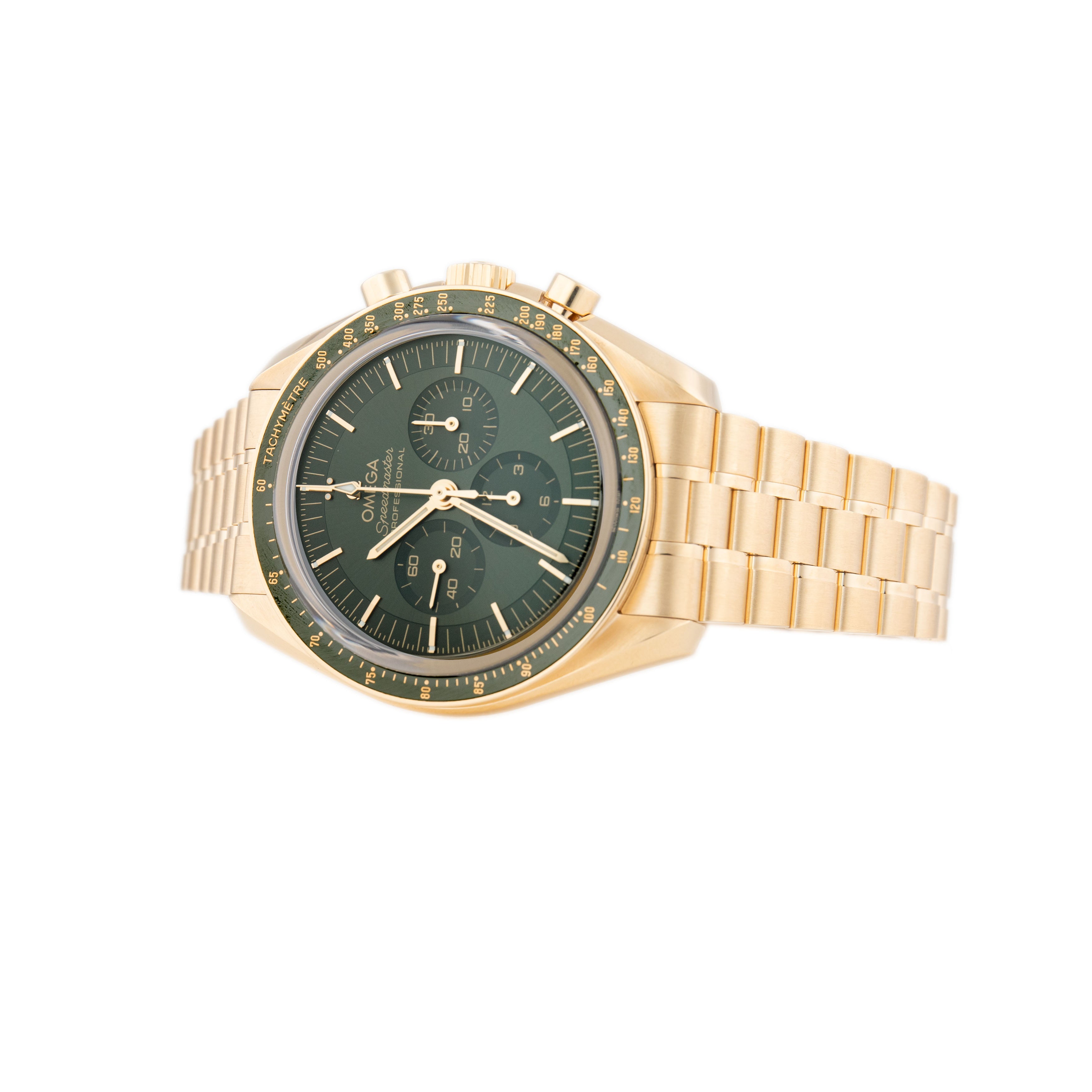 Omega Speedmaster Moonwatch Professional Moonshine Yellow Gold Green Dial 42mm 310.60.42.50.10.001 Full Set