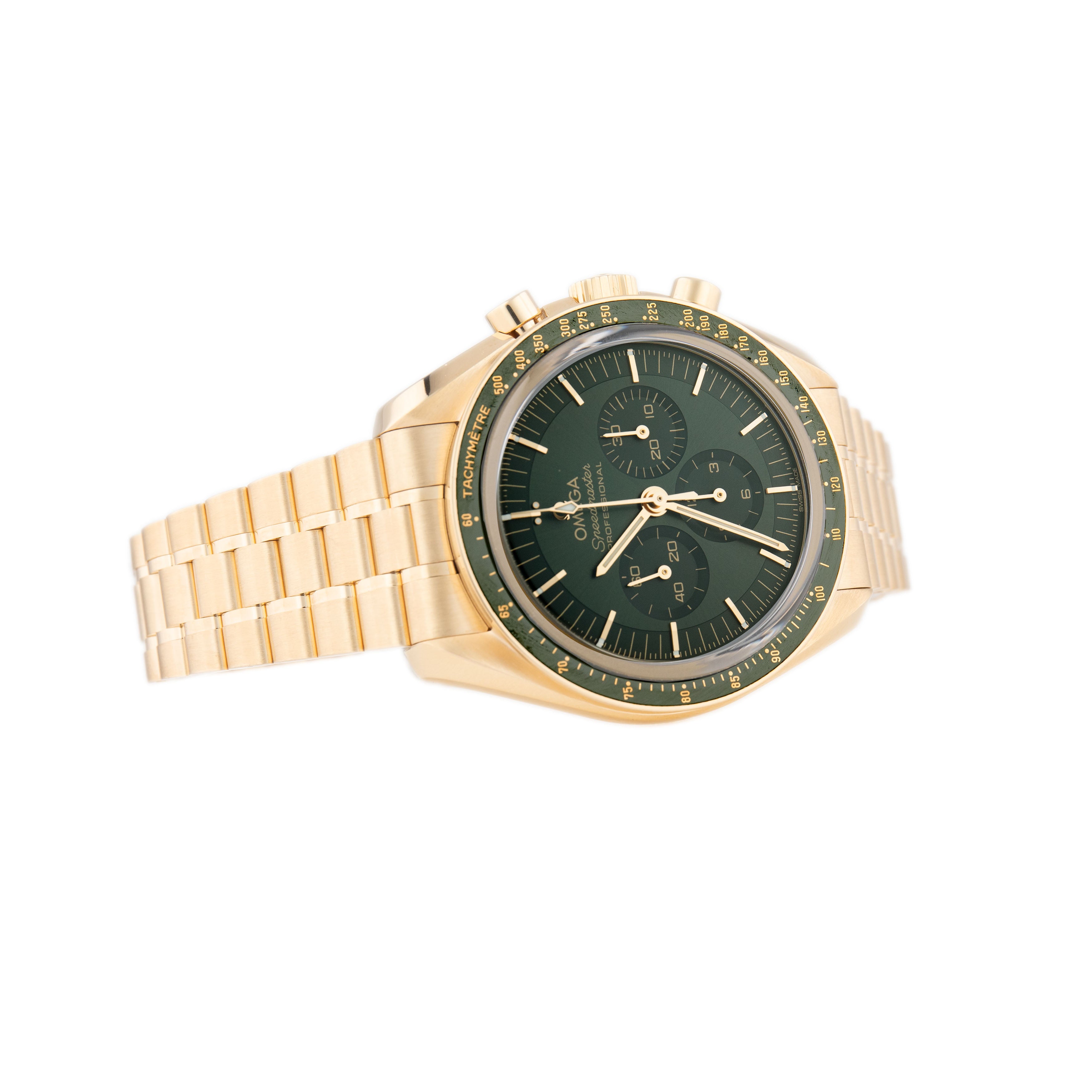 Omega Speedmaster Moonwatch Professional Moonshine Yellow Gold Green Dial 42mm 310.60.42.50.10.001 Full Set