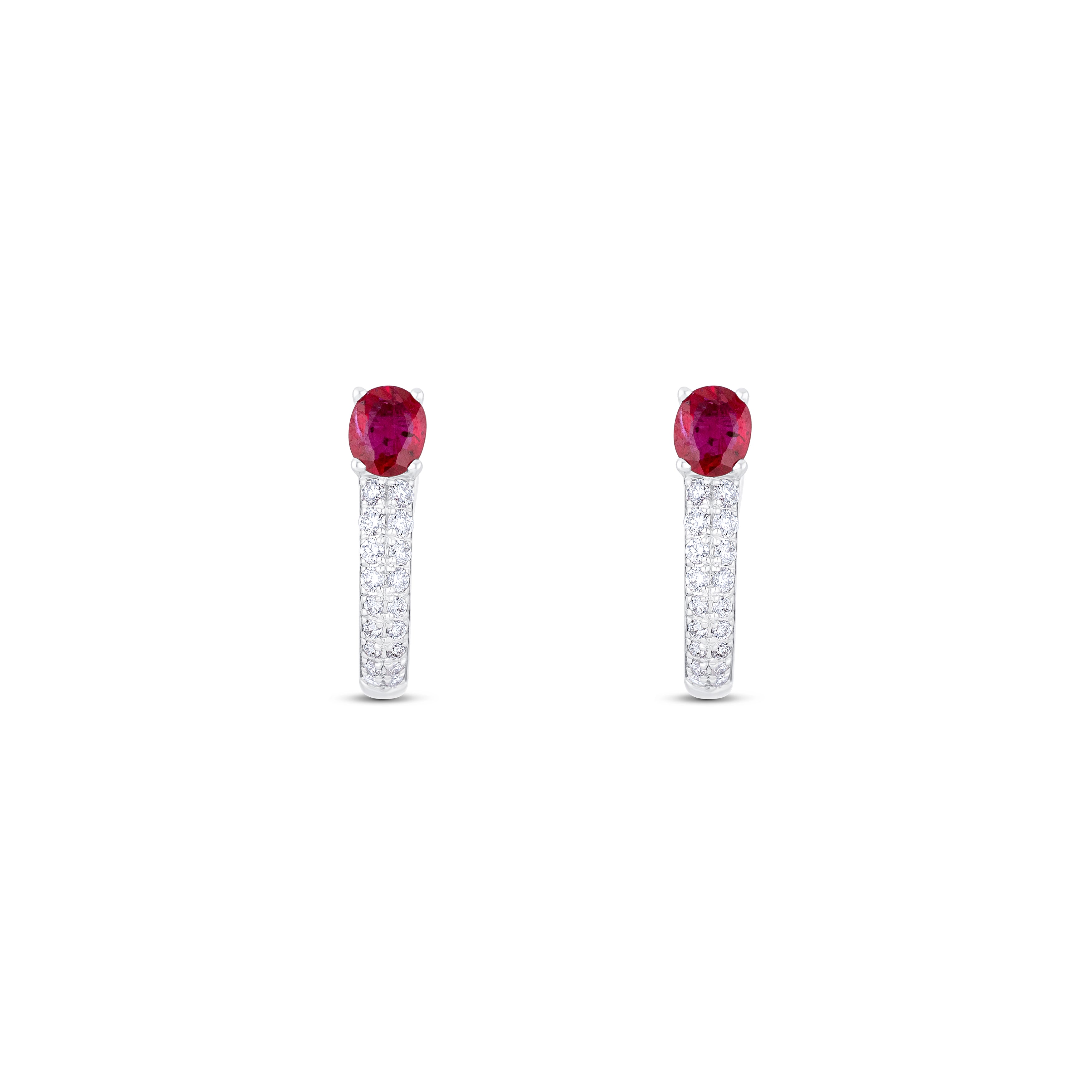 14K White Gold Round Diamond & Ruby Hoop Earrings