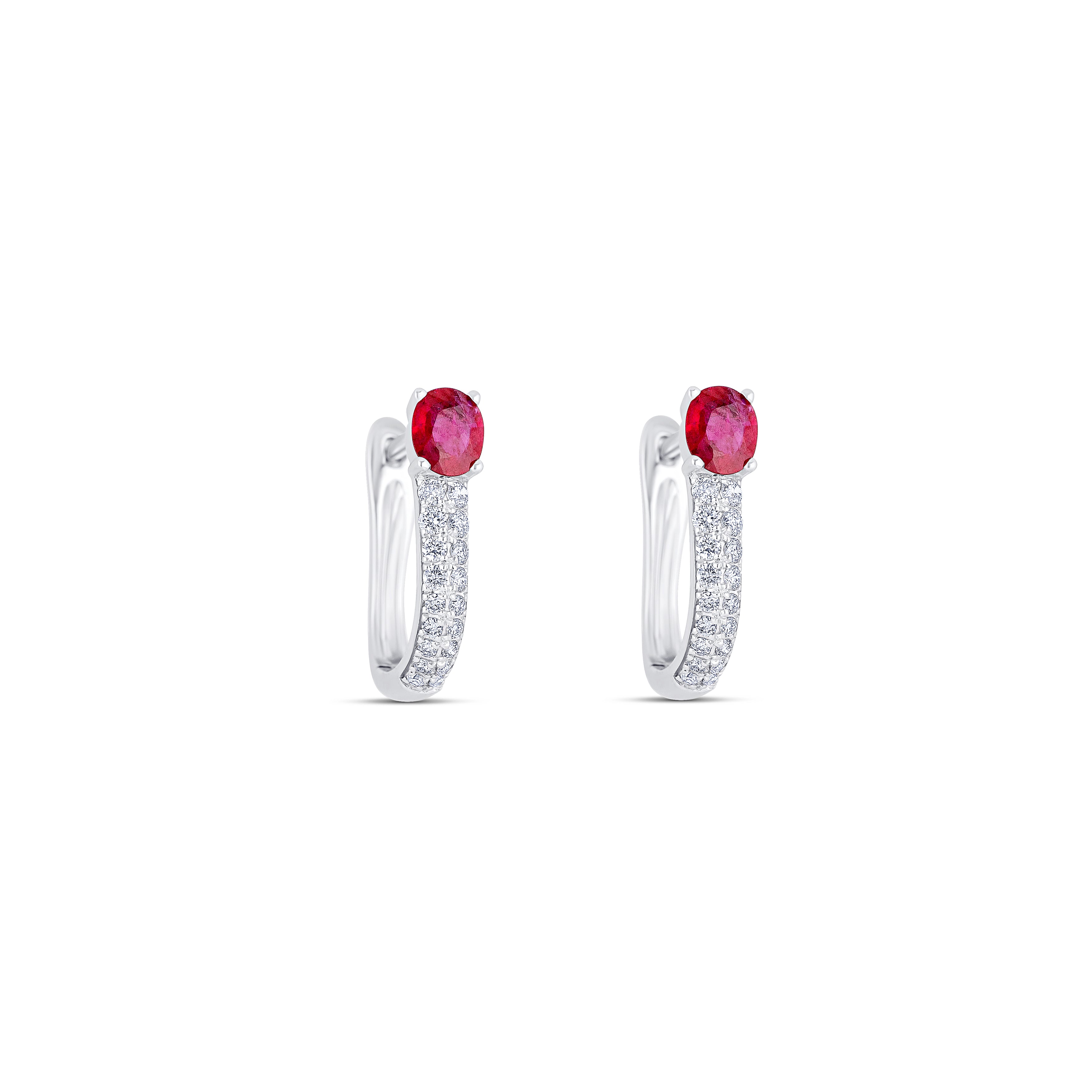 14K White Gold Round Diamond & Ruby Hoop Earrings