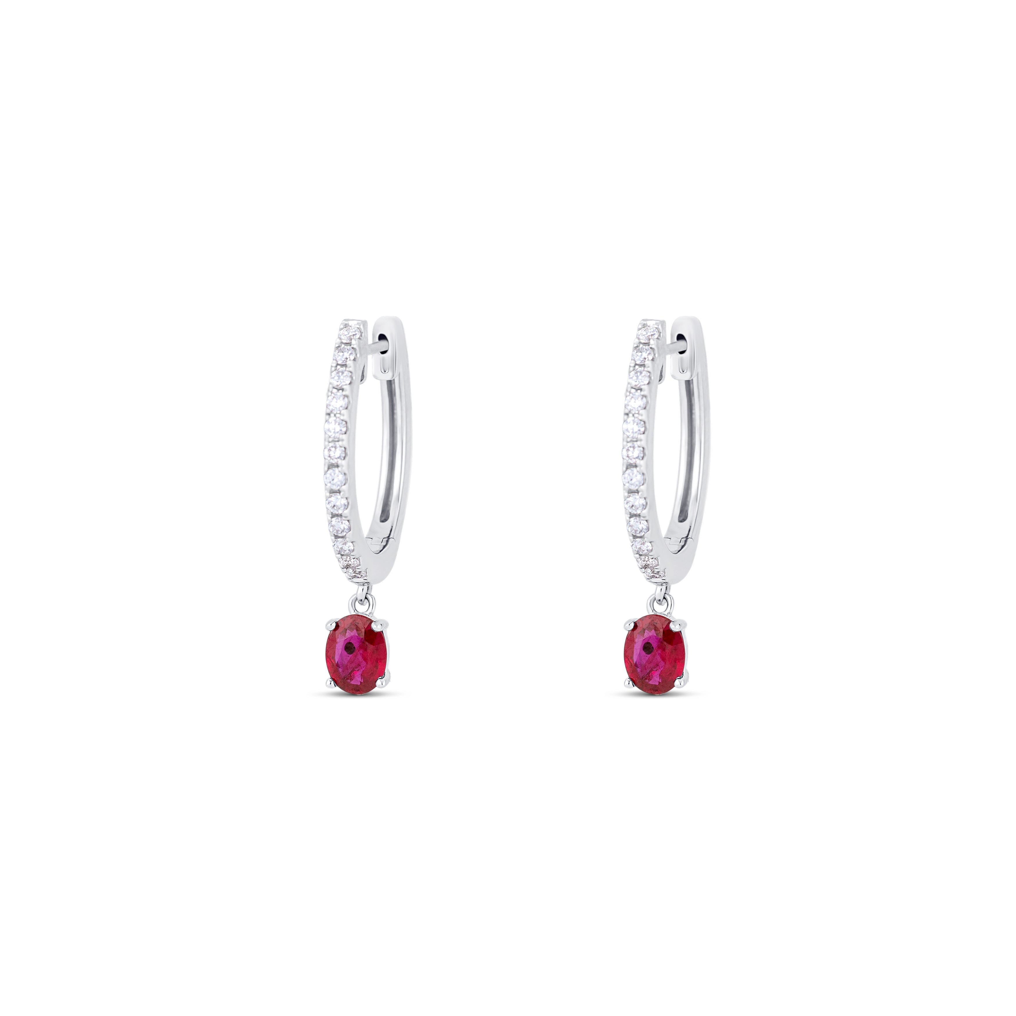 14K White Gold Ruby & Round Diamond Huggie Earrings