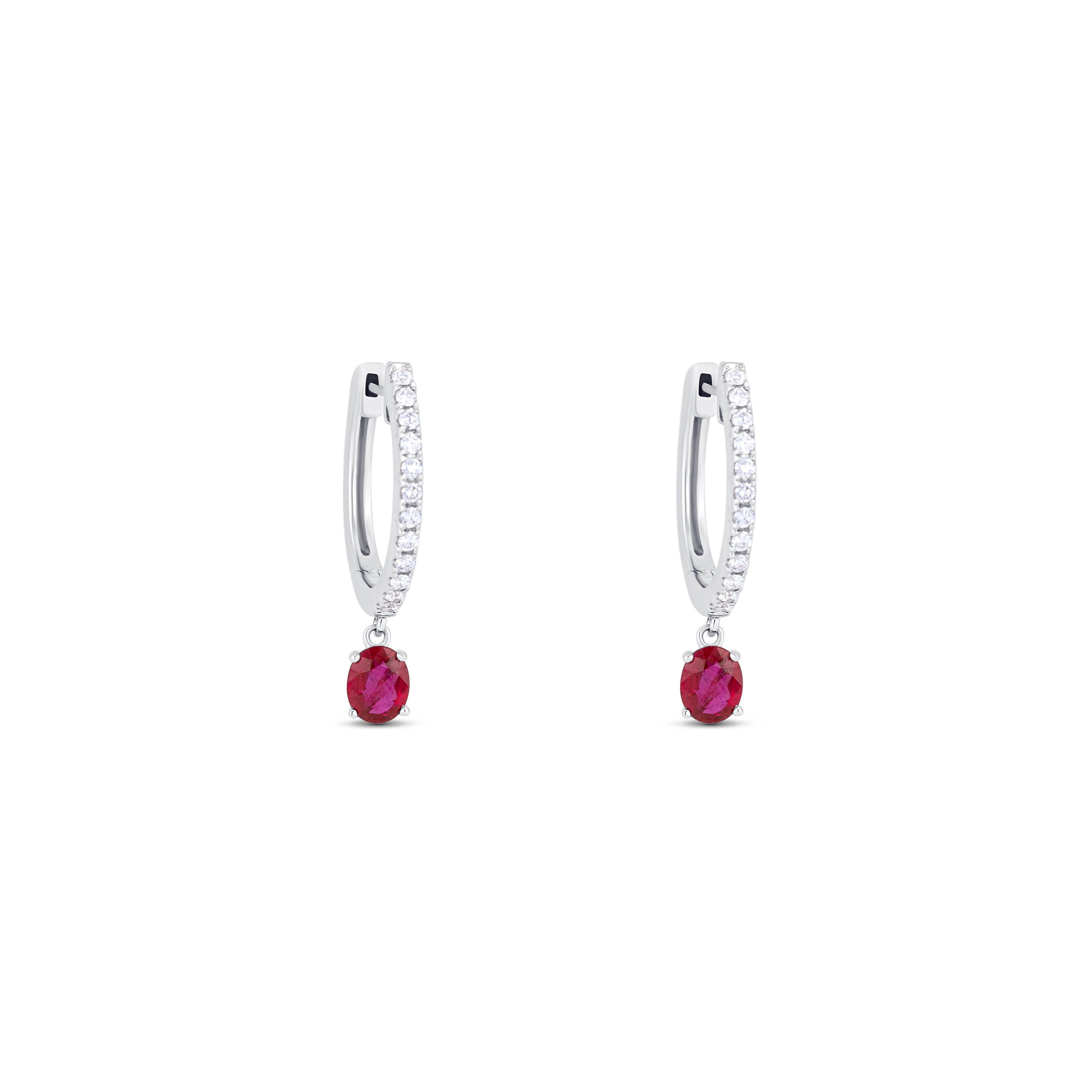 14K White Gold Ruby & Round Diamond Huggie Earrings