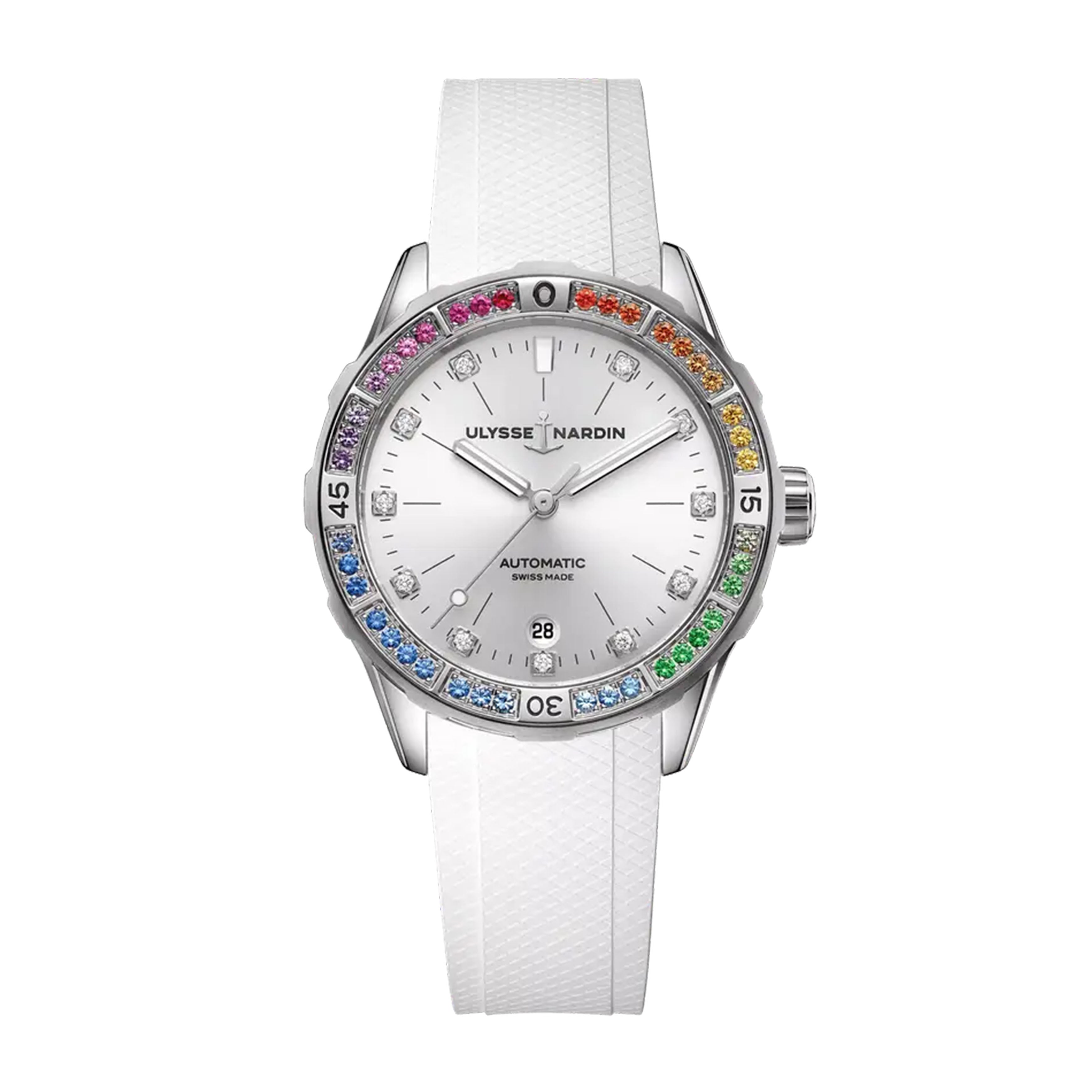 Ulysse Nardin Lady Diver Rainbow Watch, 39mm Silver Dial, 8163-182B1LE-1A-RAIN/3A
