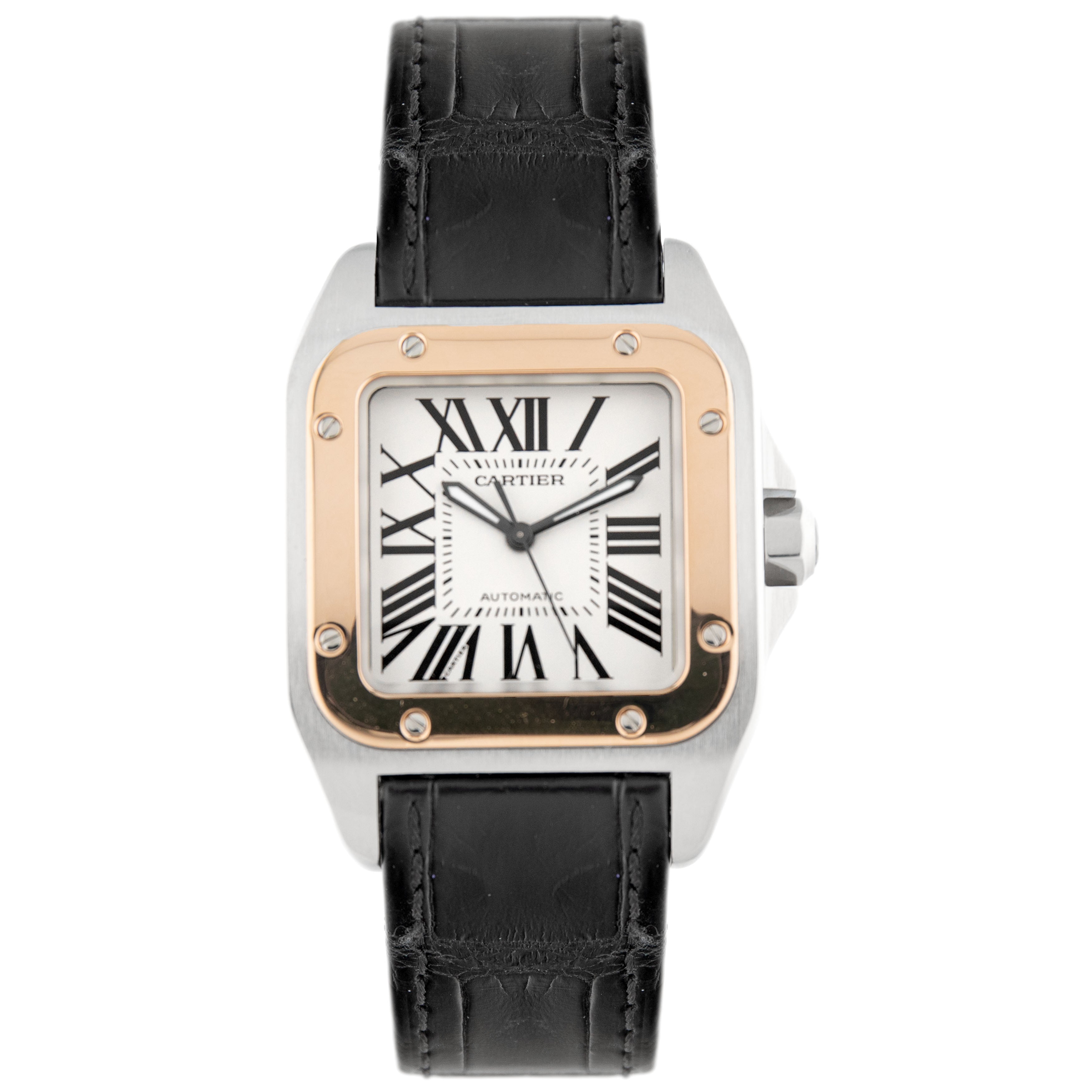 Cartier Santos 100 Stainless Steel Rose Gold Silver Dial 44.2x35.6mm W20107X7