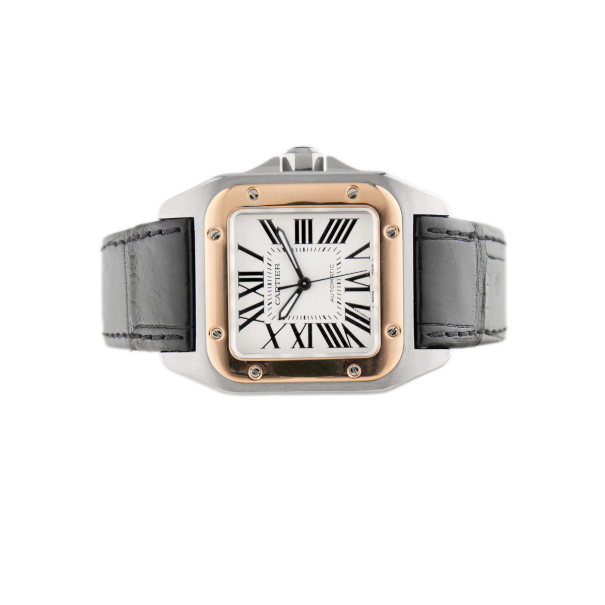 Cartier Santos 100 Stainless Steel Rose Gold Silver Dial 44.2x35.6mm W20107X7
