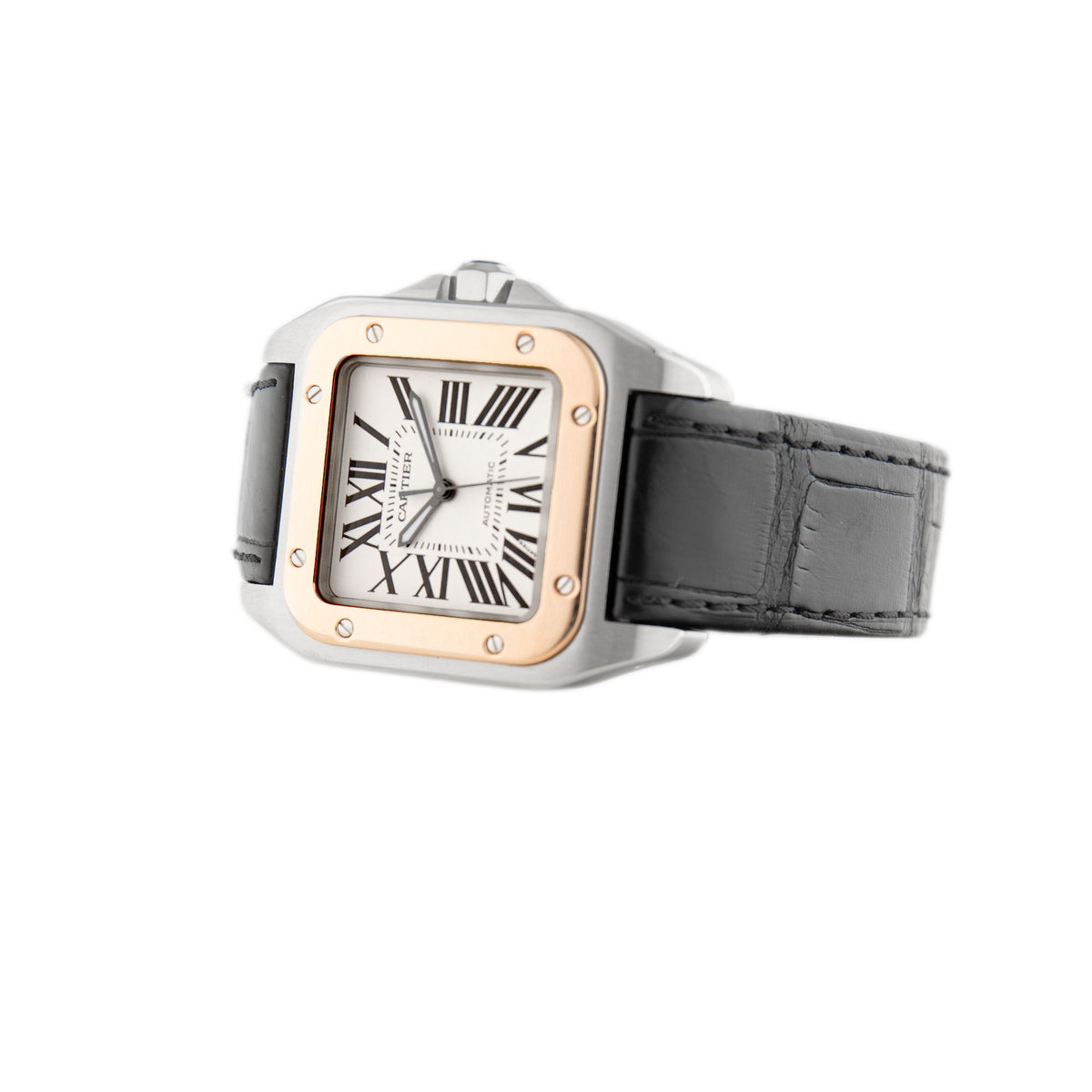 Cartier Santos 100 Stainless Steel Rose Gold Silver Dial 44.2x35.6mm W20107X7