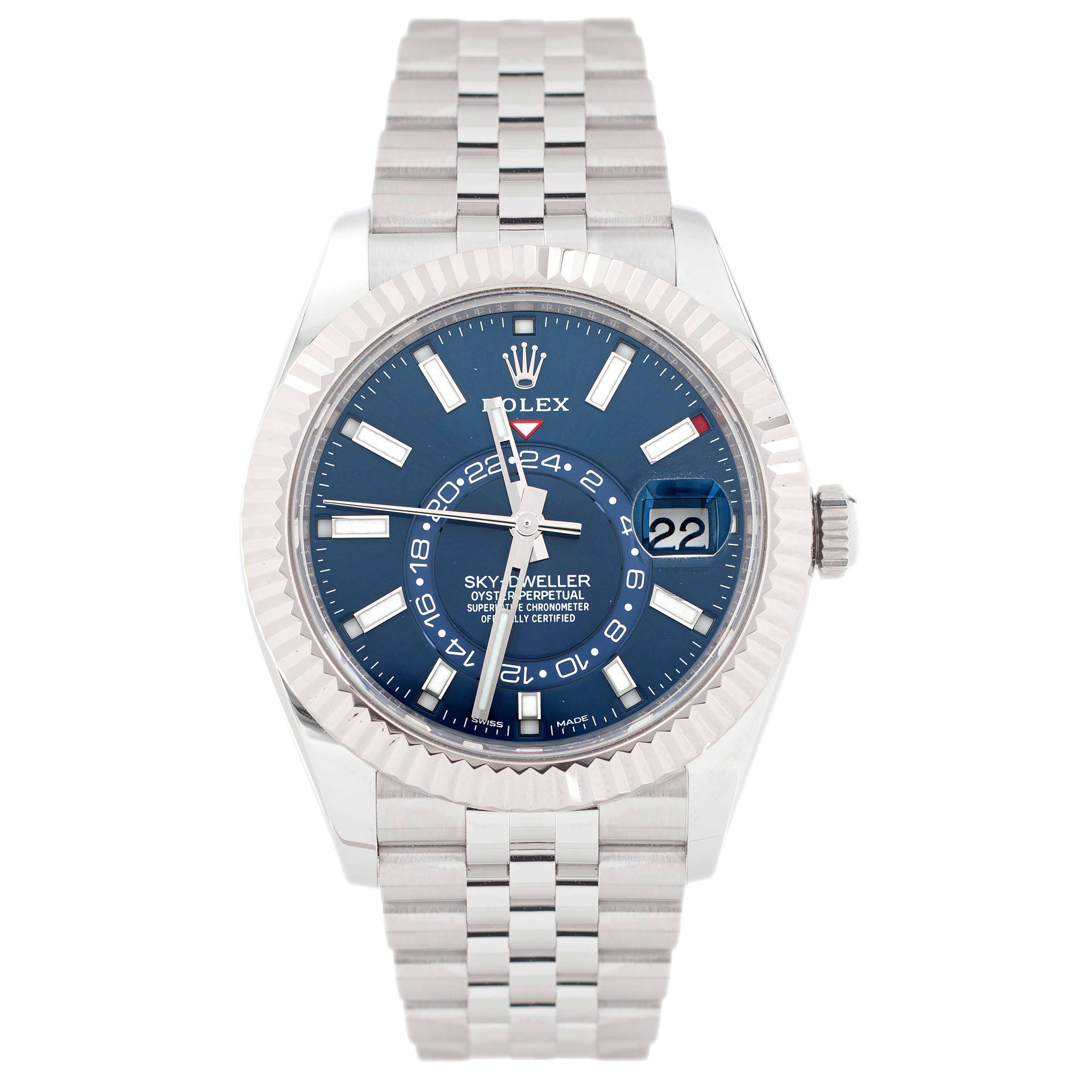 Rolex Sky-Dweller Stainless Steel Blue Dial Fluted Jubilee 42mm 326934 Full Set