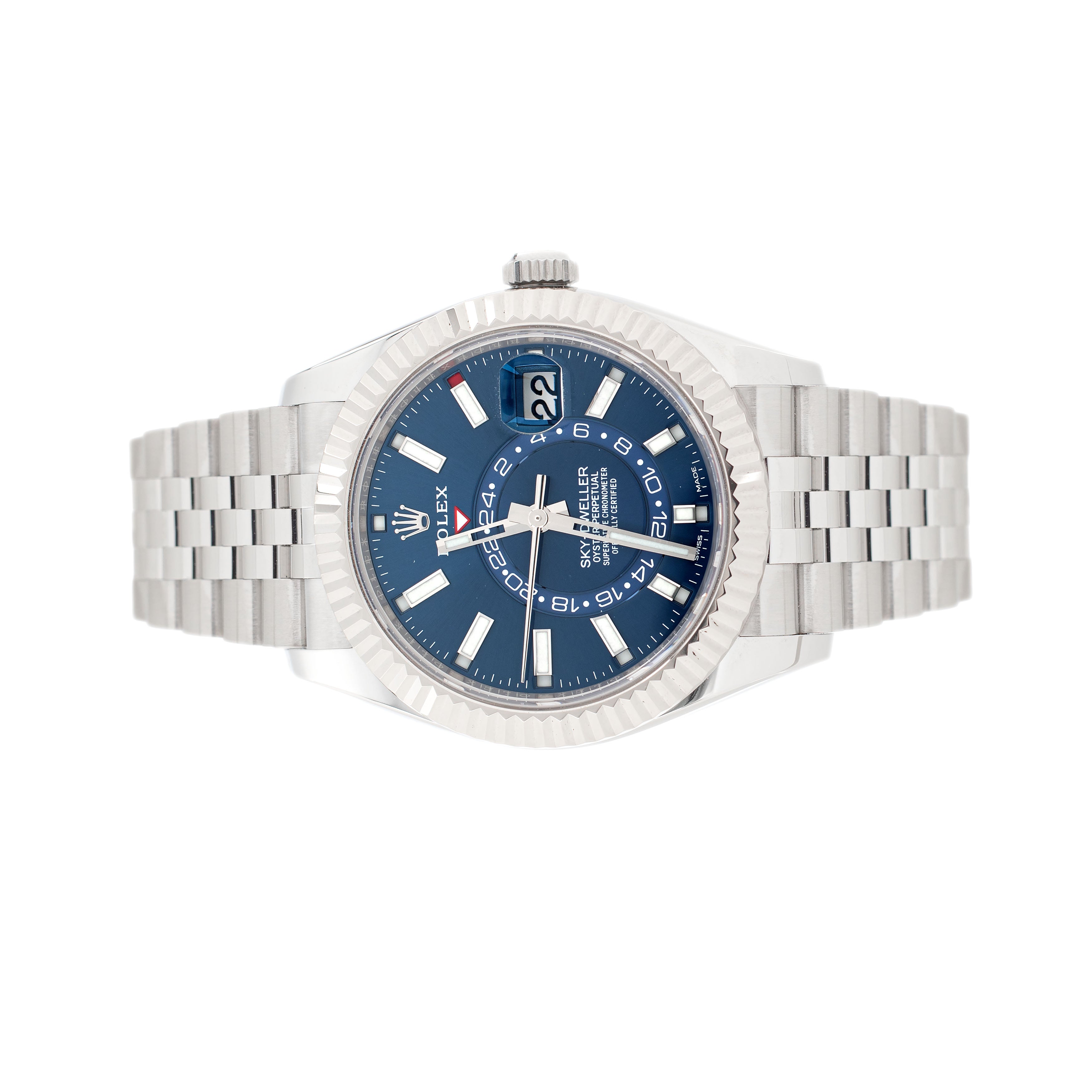 Rolex Sky-Dweller Stainless Steel Blue Dial Fluted Jubilee 42mm 326934 Full Set