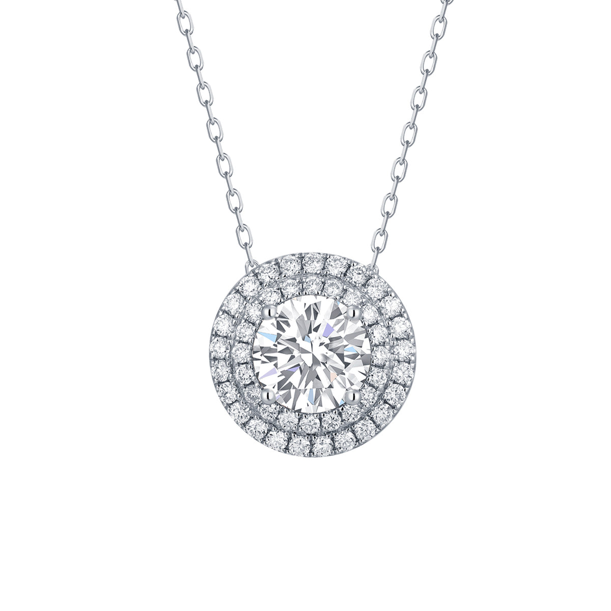 14k White Gold Lab Grown Round Diamond Halo Pendant with Chain