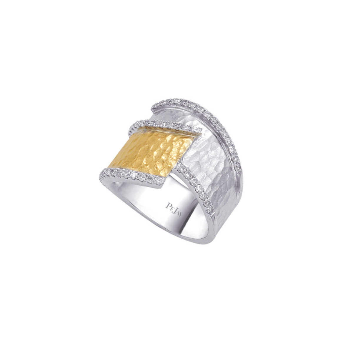 14k White Gold and 14k Yellow Gold Diamond Pavé Hammered Ring