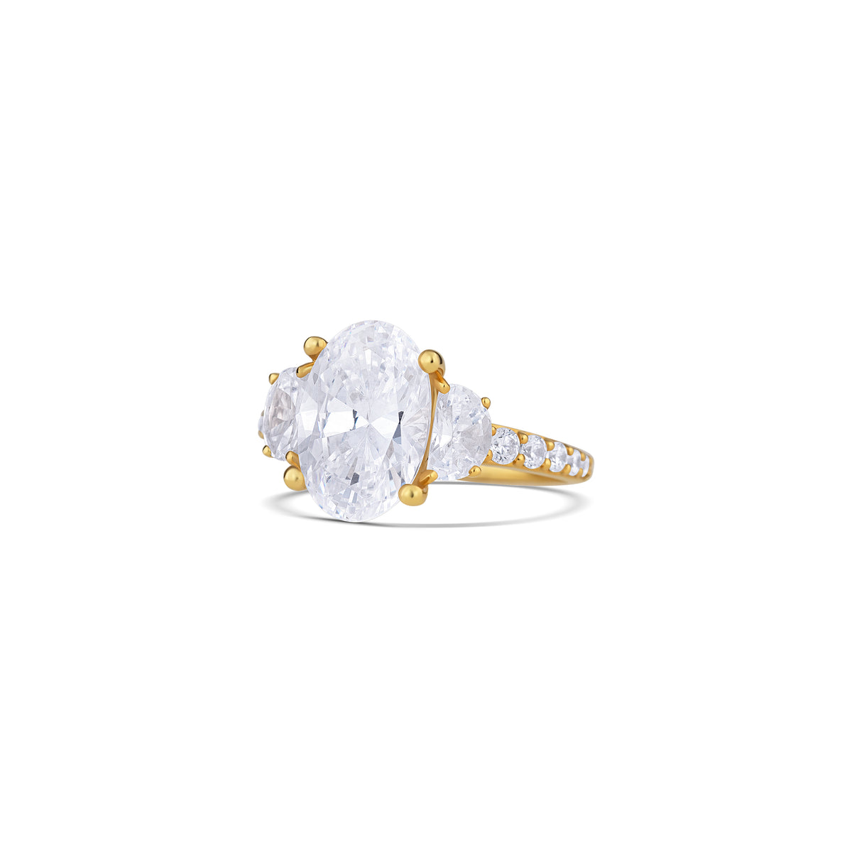 14K Yellow Gold Four Prong Three Stone Pavé Diamond Engagement Ring