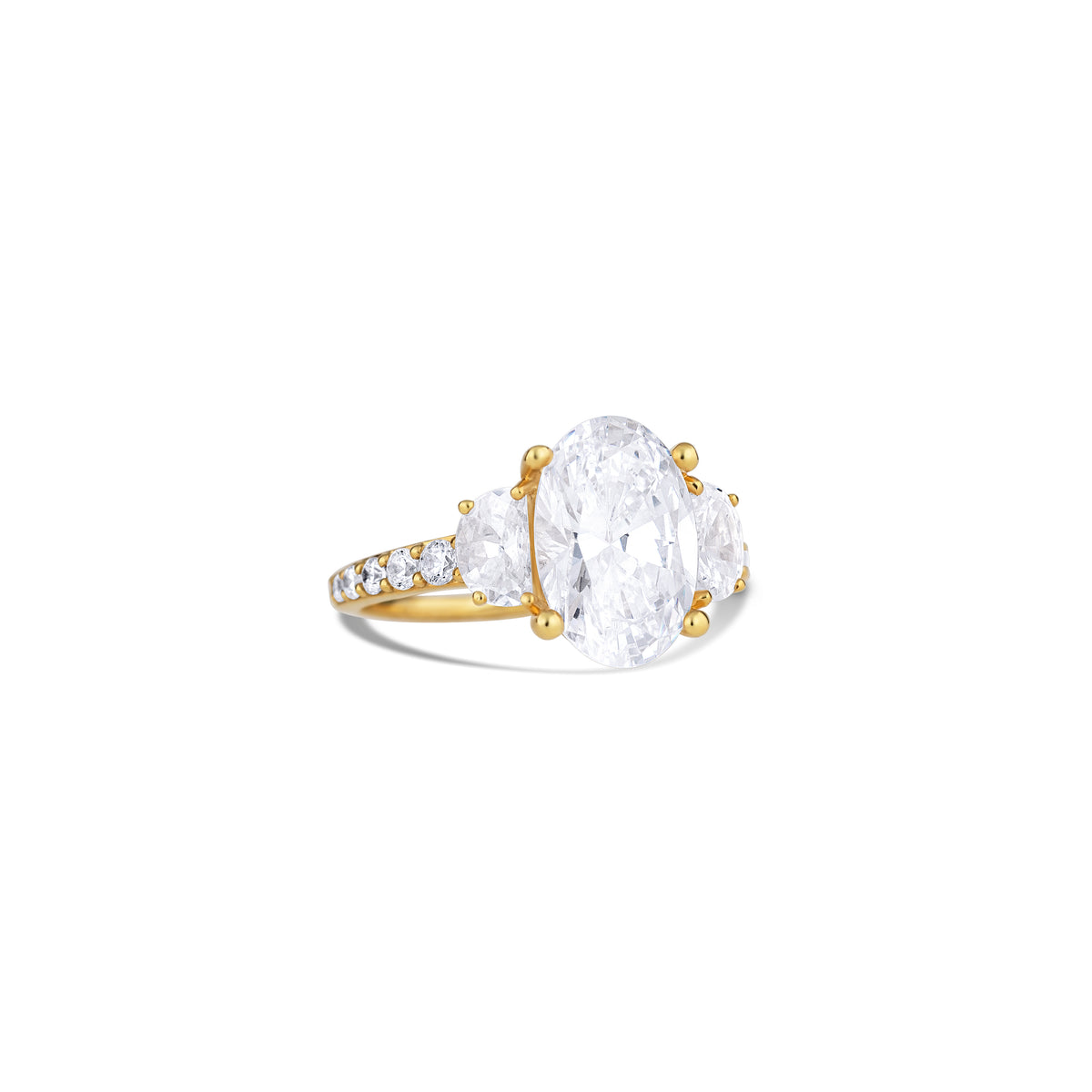 14K Yellow Gold Four Prong Three Stone Pavé Diamond Engagement Ring