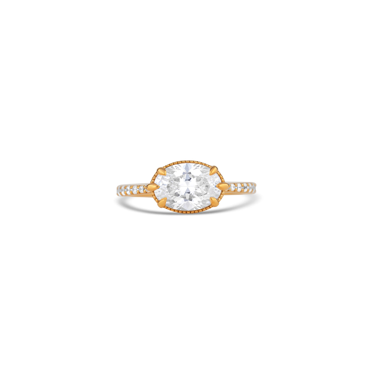 14K Yellow Gold East-West Round Diamond Pavé Side Engagement Ring Setting