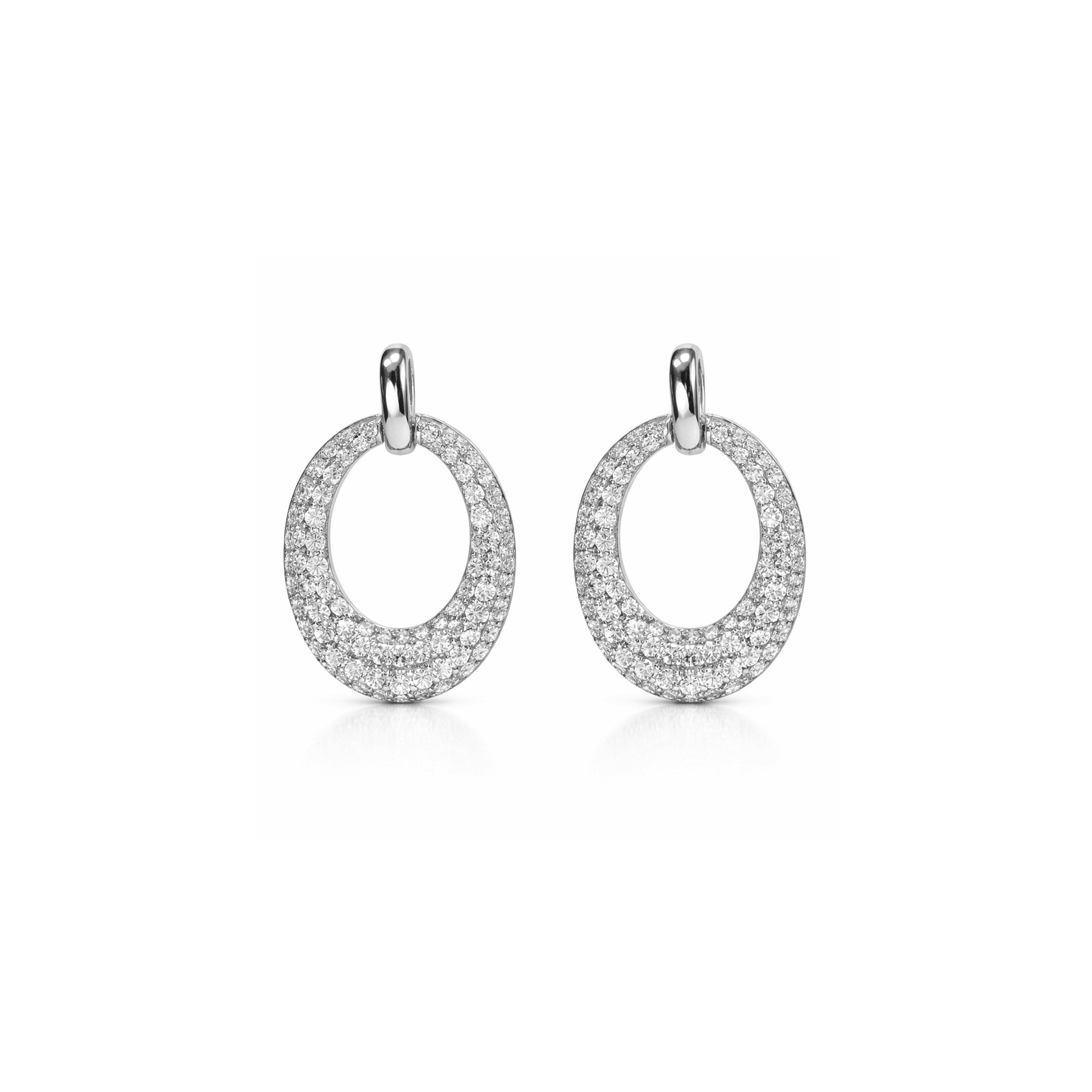 14K White Gold Pavé Round Brilliant Diamond Open Elongated Loop Drop Earrings