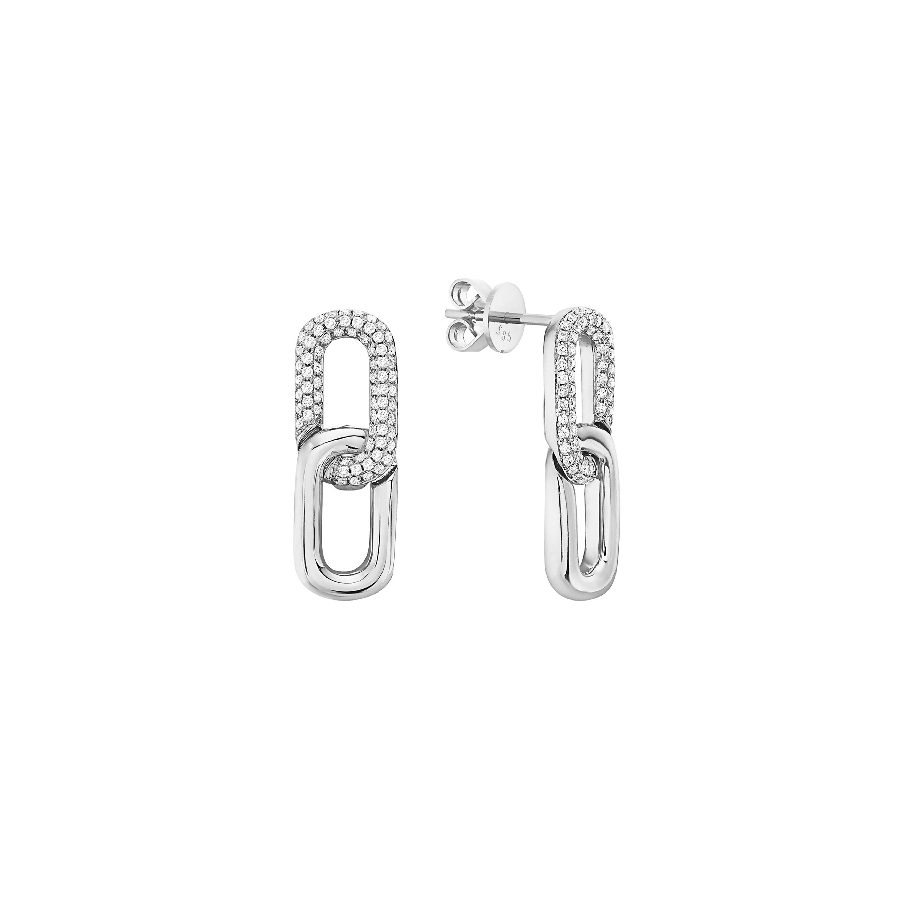 14K White Gold Half Pavé Round Brilliant Diamond Paperclip Drop Earrings