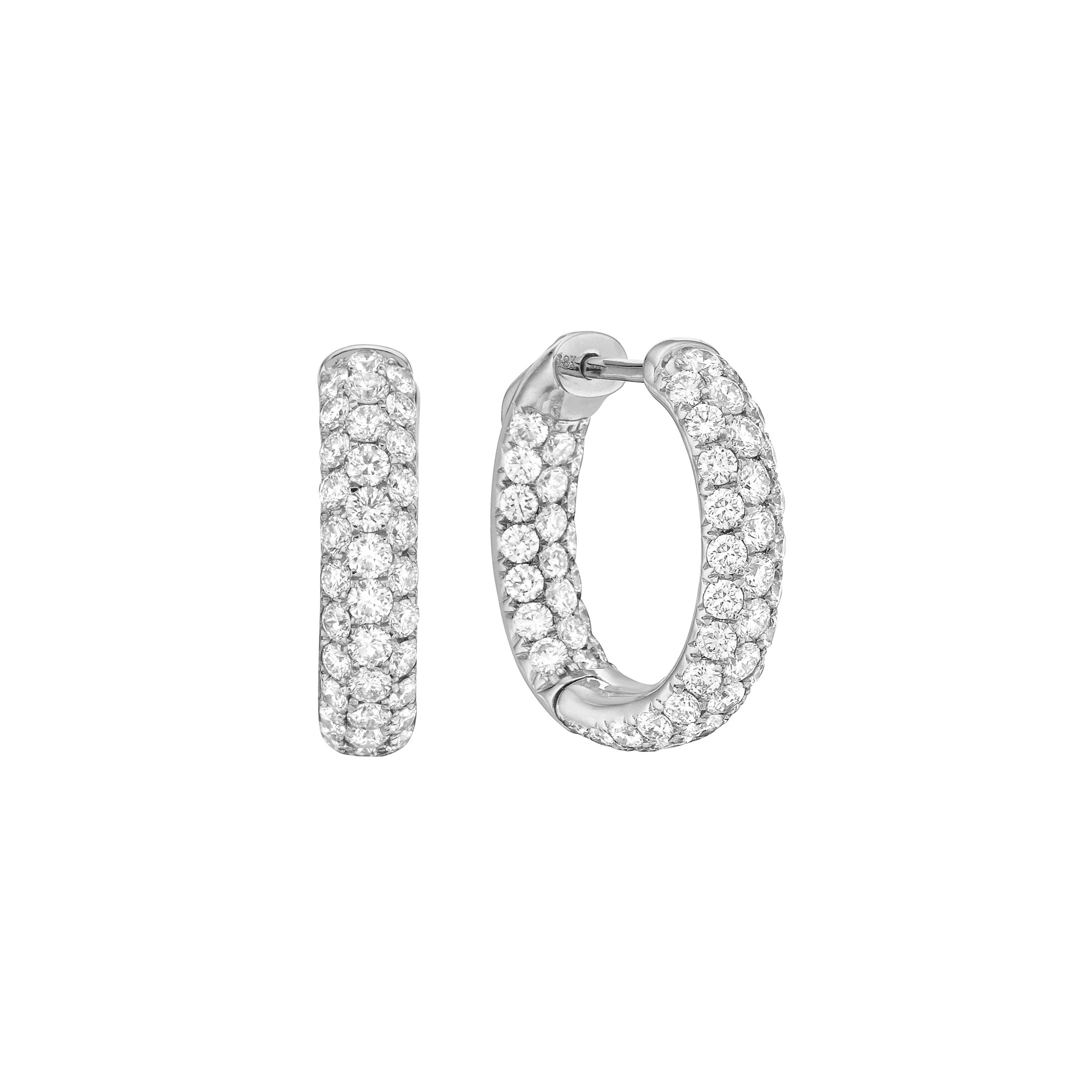 14K White Gold Pavé Round Brilliant Diamond Hoop Earrings
