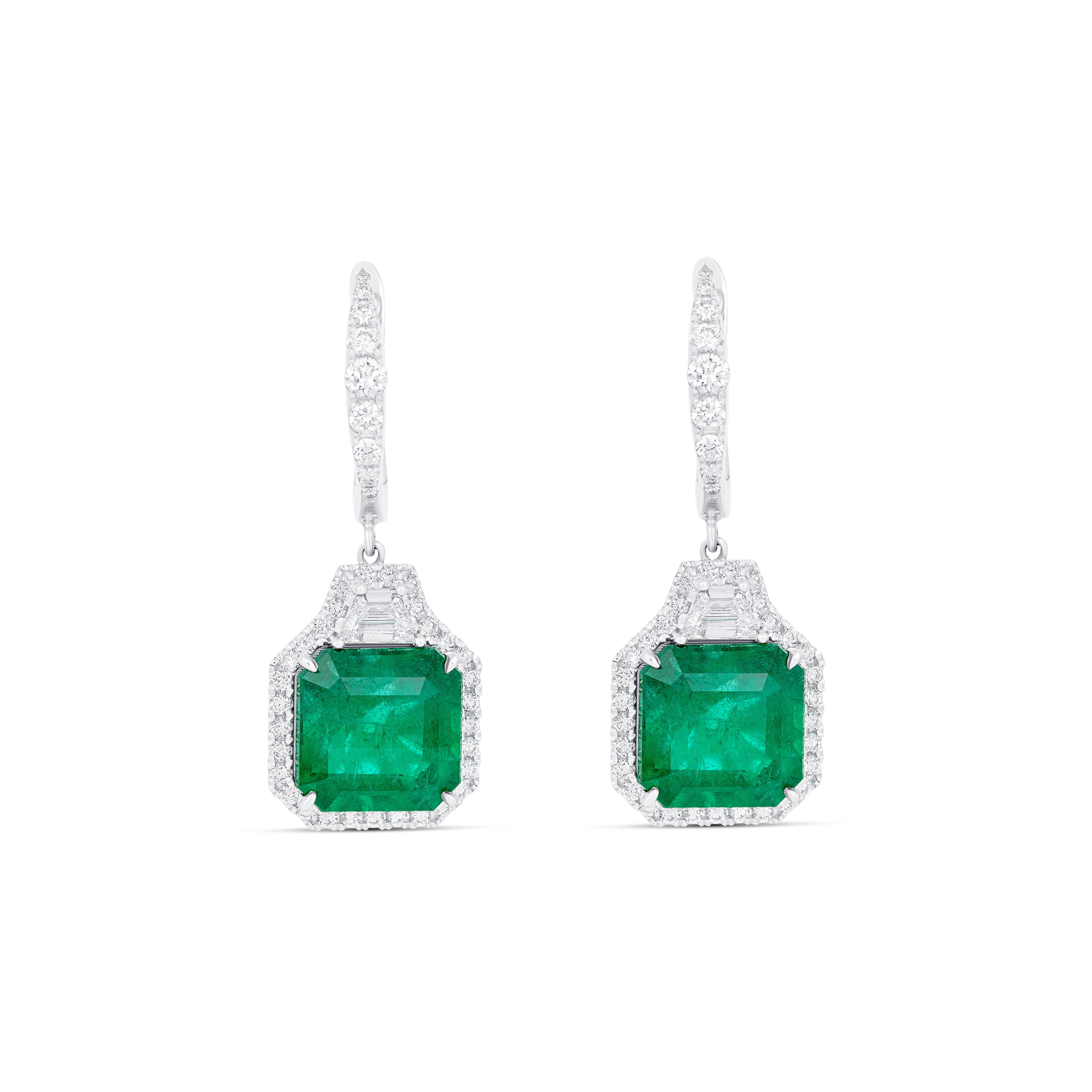 18K White Gold Emerald And Diamond Drop Hoop Earrings